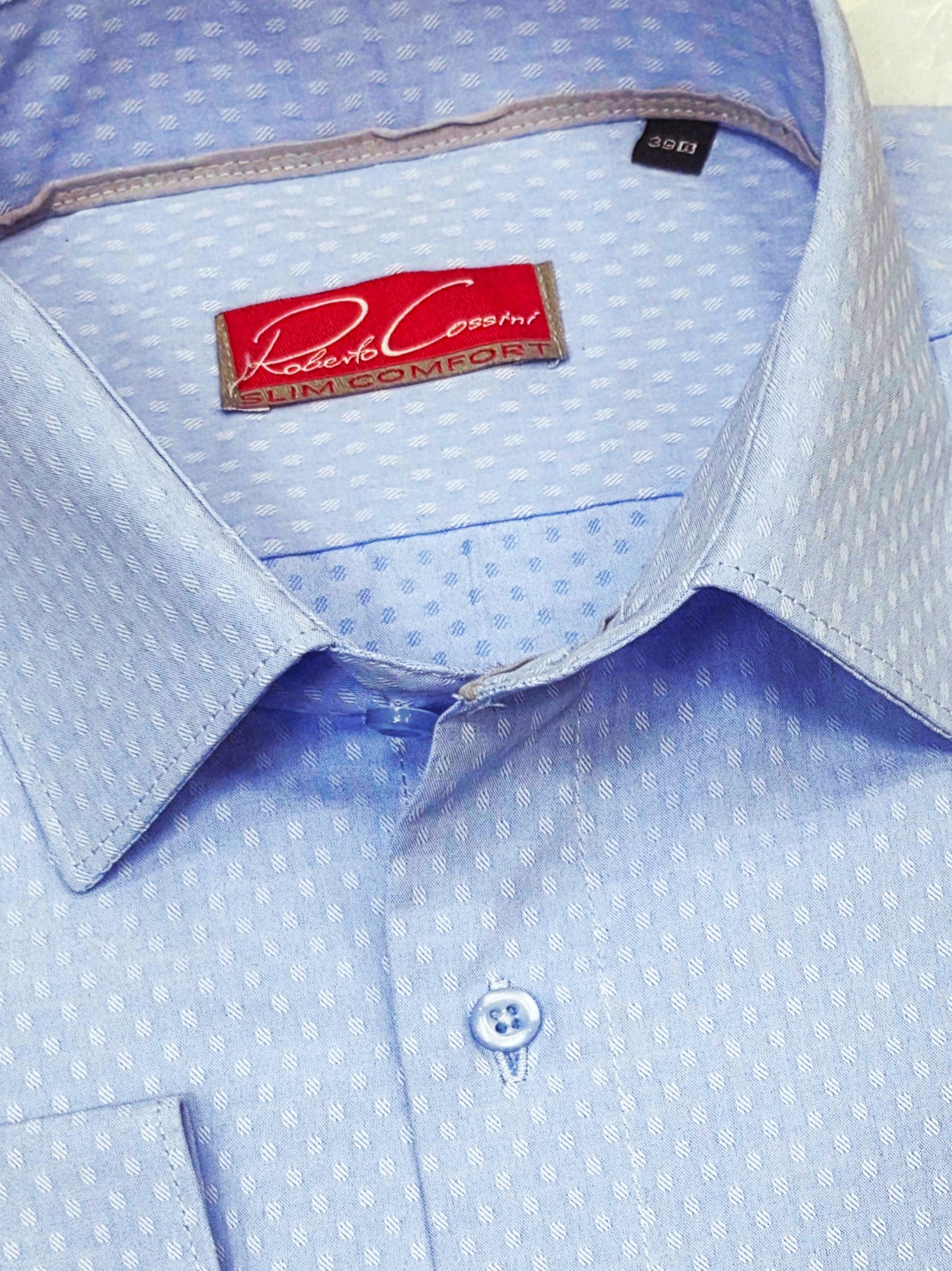 Roberto Cossini pánská slim košile světle modrá s puntíky, délka 39 176/182 43033/2