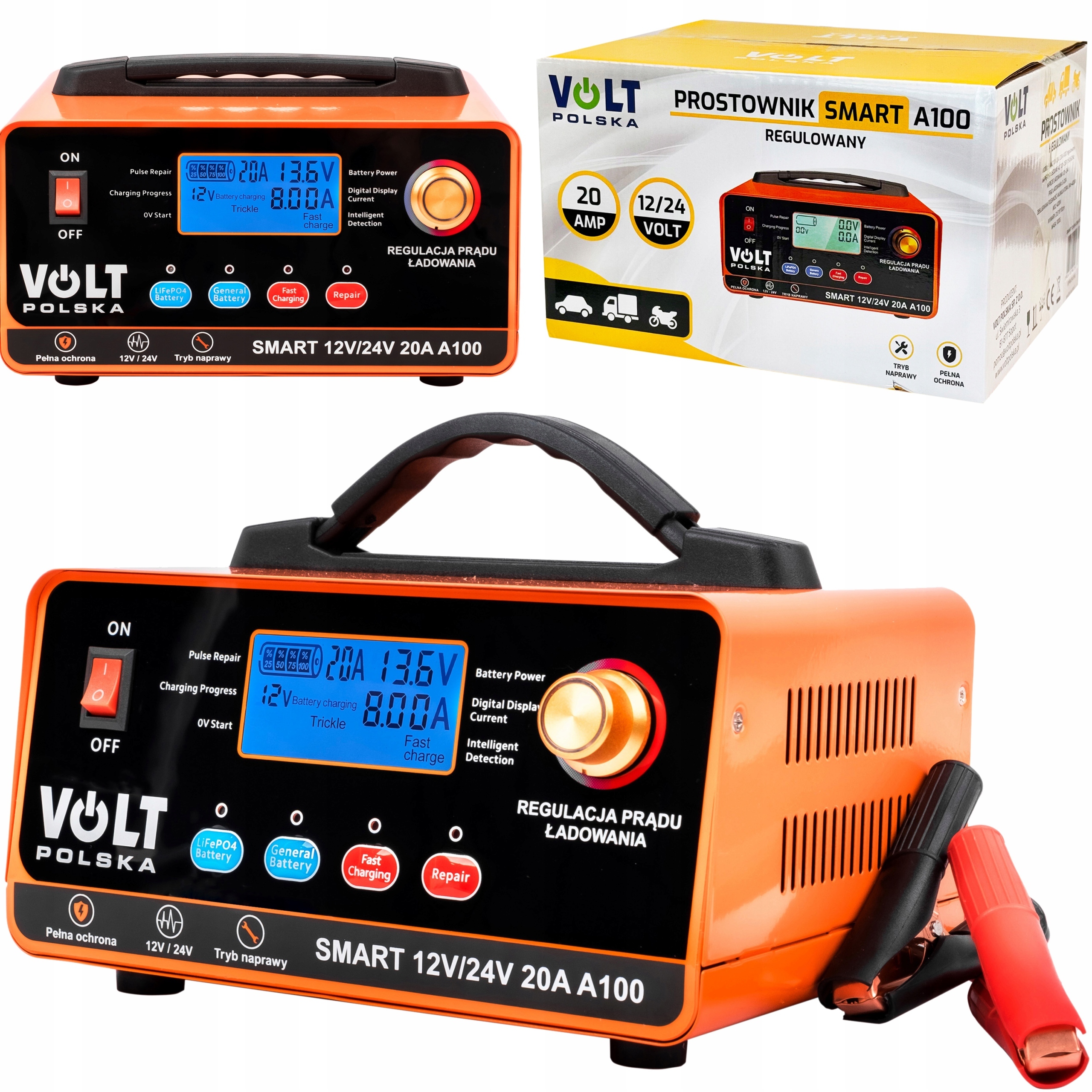 Prostownik Akumulatorowy Inteligentny Smart A100 Ładowarka 12V/24V 20A