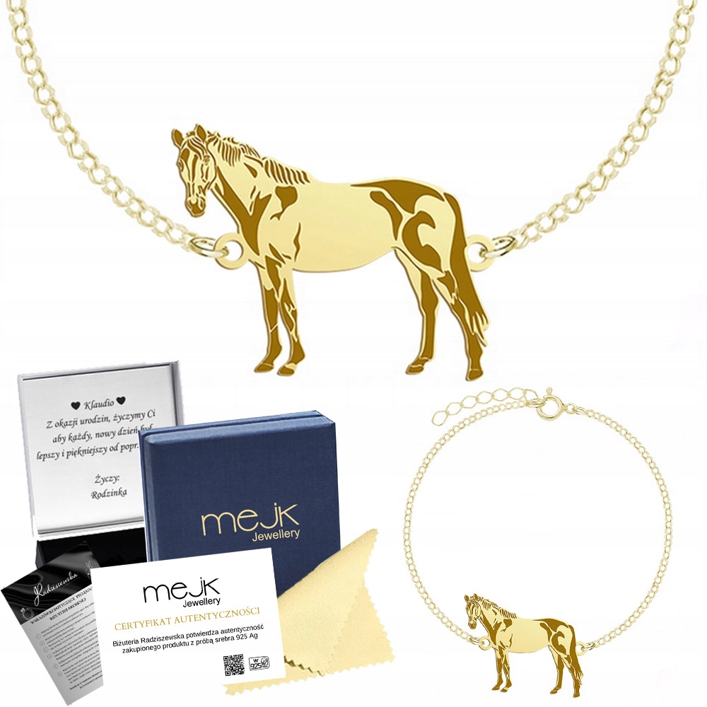 Zlatý náramek s trakenským koněm 925 Dárek Žena Gravírování Bonus