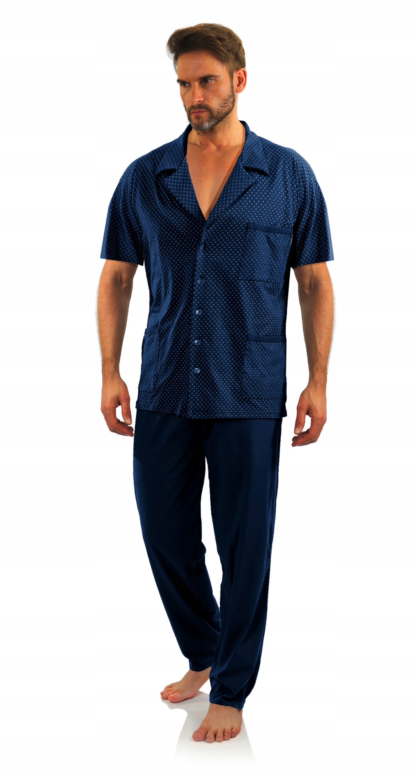 Sesto Senso Pánské rozepínací pyžamo Kr Rukáv Délka Kalhoty kotvy Námořnická Modrá 4XL
