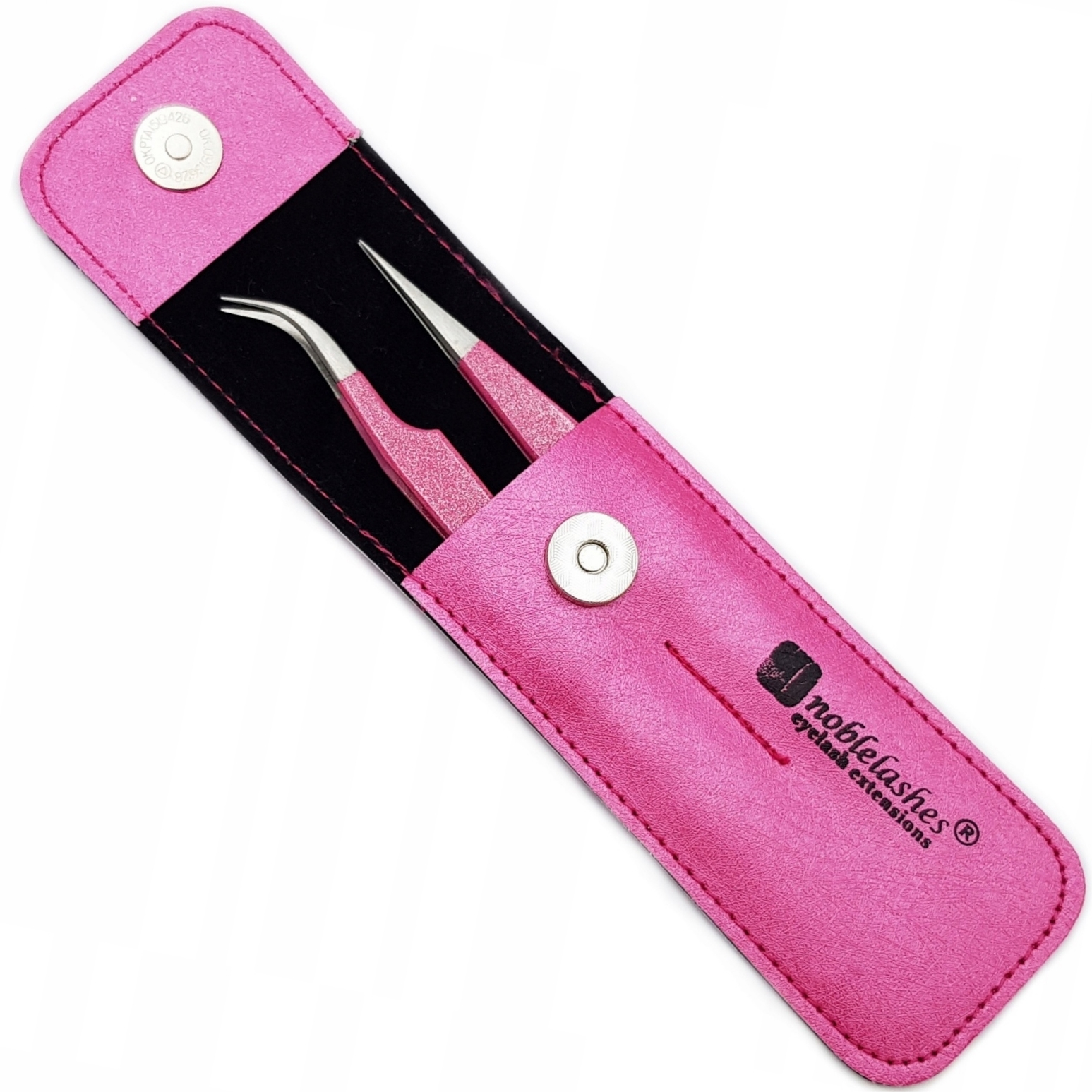 

Różowe pęsety z brokatem w etui Noble Lashes