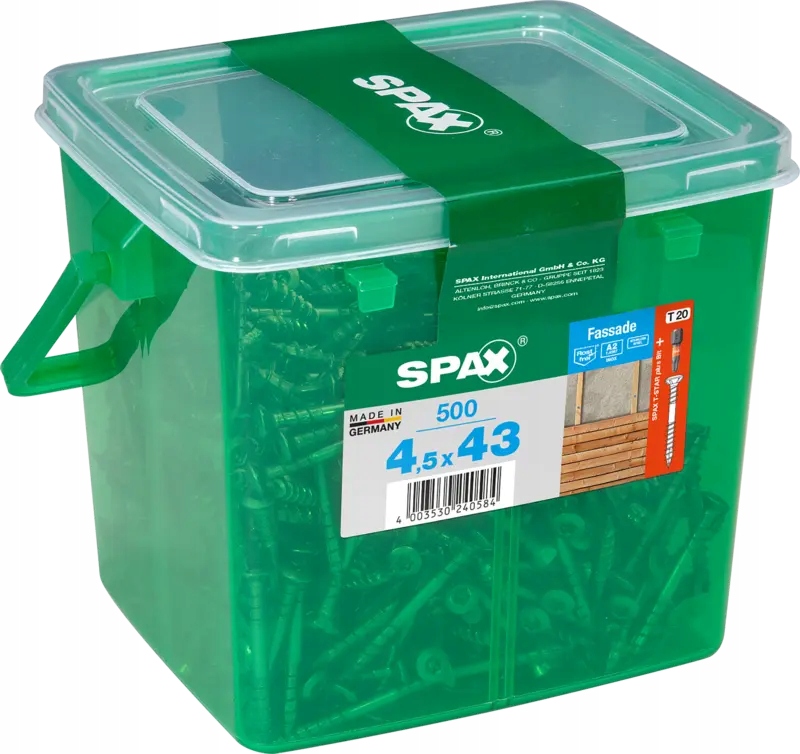 Šrouby Spax pro fasádní desku 4,5 x 43 mm, A2,TX stříbrné, kbelík 500 ks