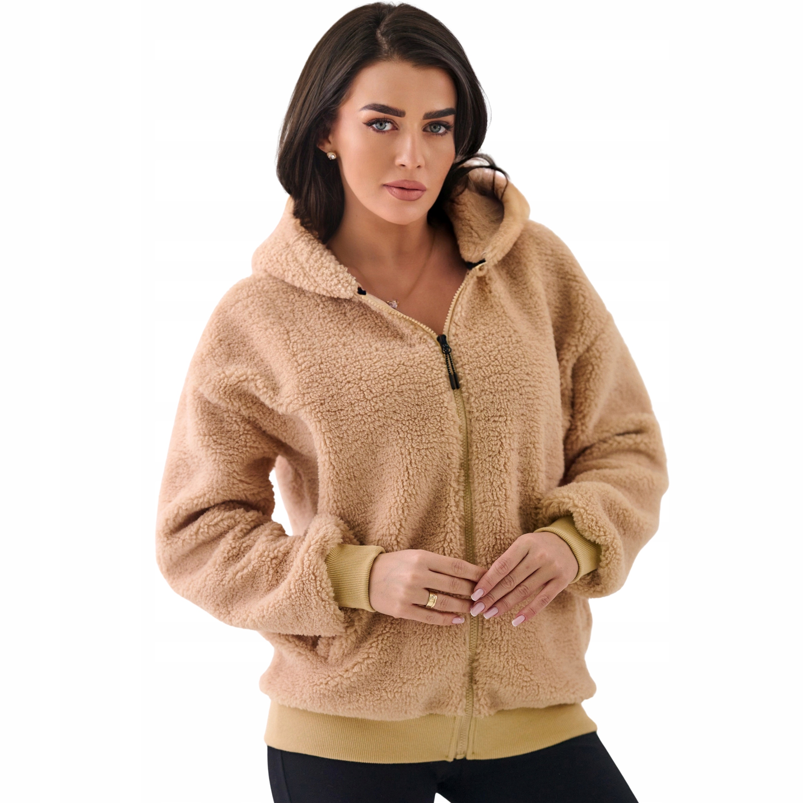 Rozepínací Mikina S Kapucí Plyš Polar Teddy Béžová XL XXL
