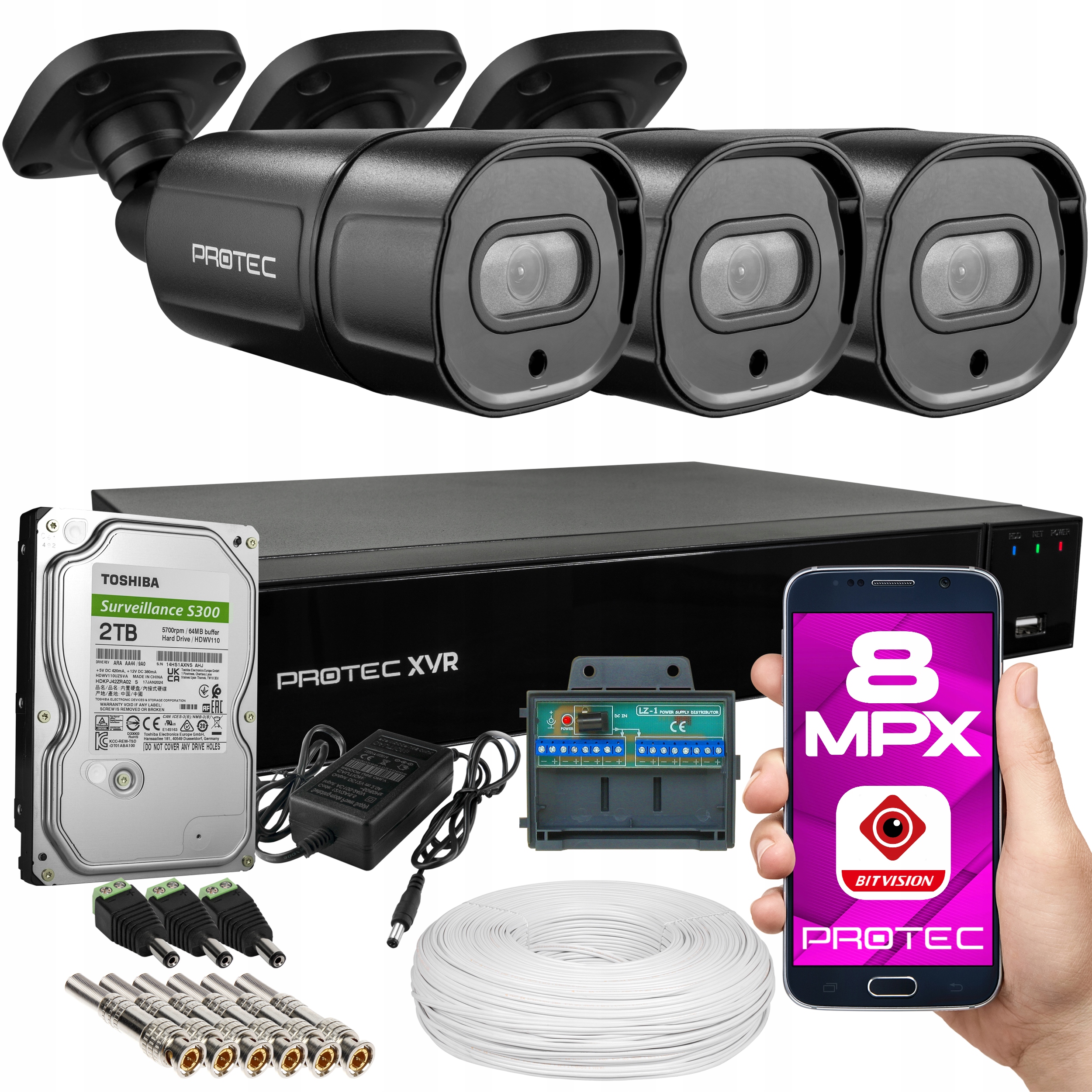 Zestaw Do Monitoringu Premium 3 Kamery 4K Czarne podgląd 2TB Hdd