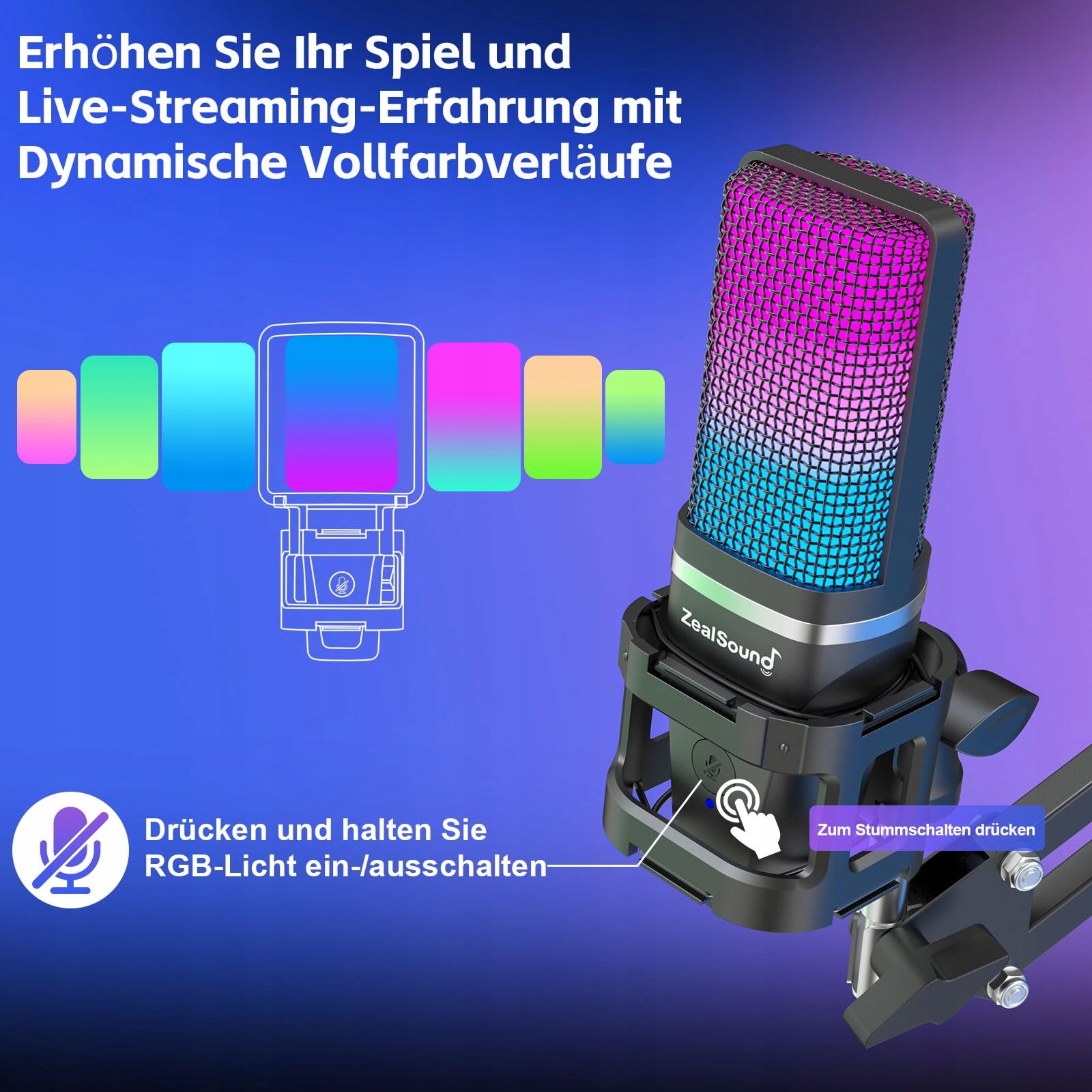 ZEALSOUND USB Mikrofon RGB Do iPhone PC Mac PS5 Gaming Podcast Streaming — miniatura 4