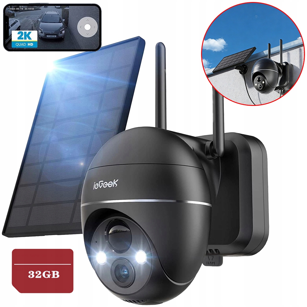 Solární Kamera Wifi Ip Venkovní Monitorování 2K Otočná 9000MAH 32GB Karta
