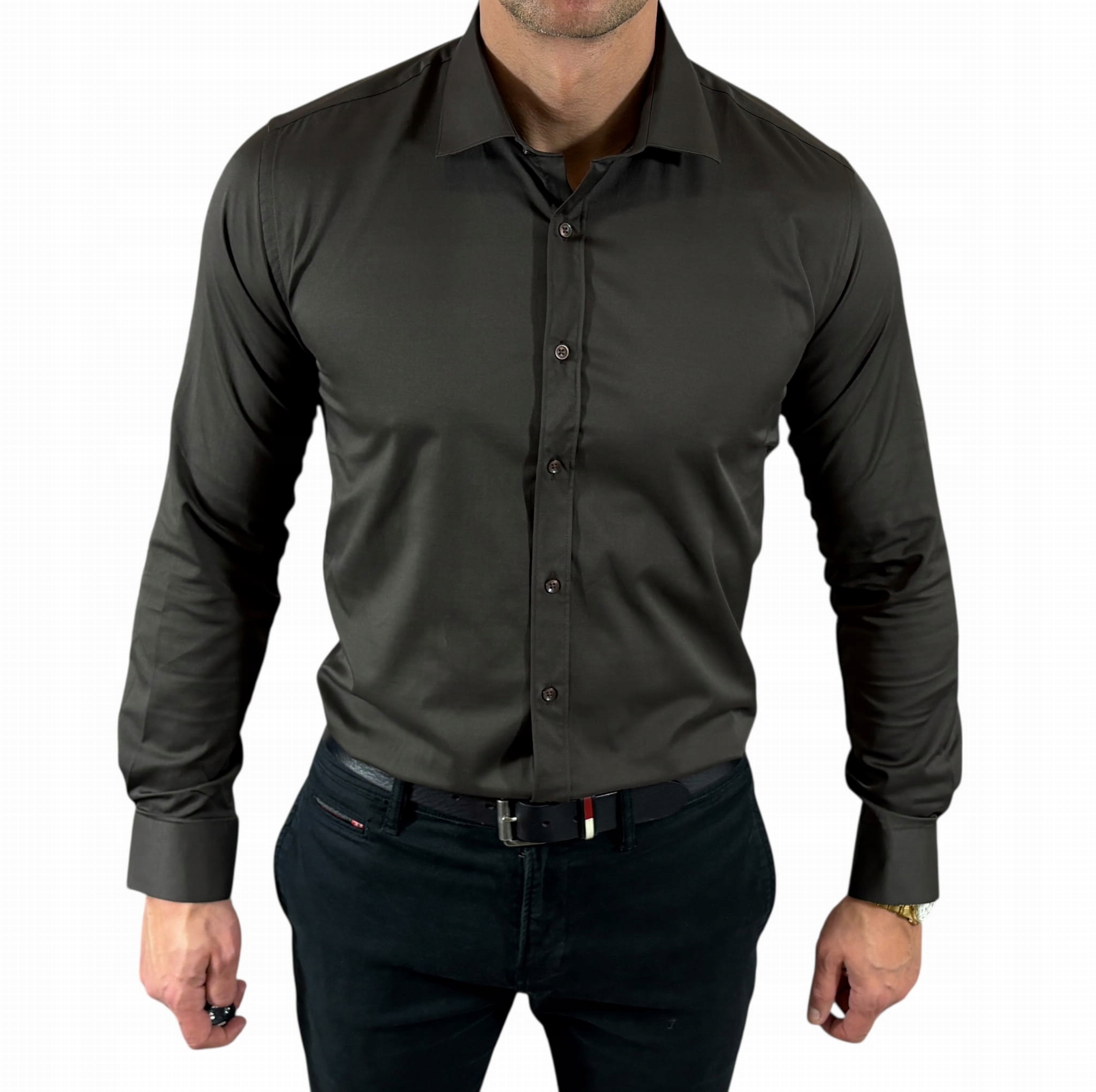 Košile slim fit klasická čokoládová barva-09 satén hladký elegantní E