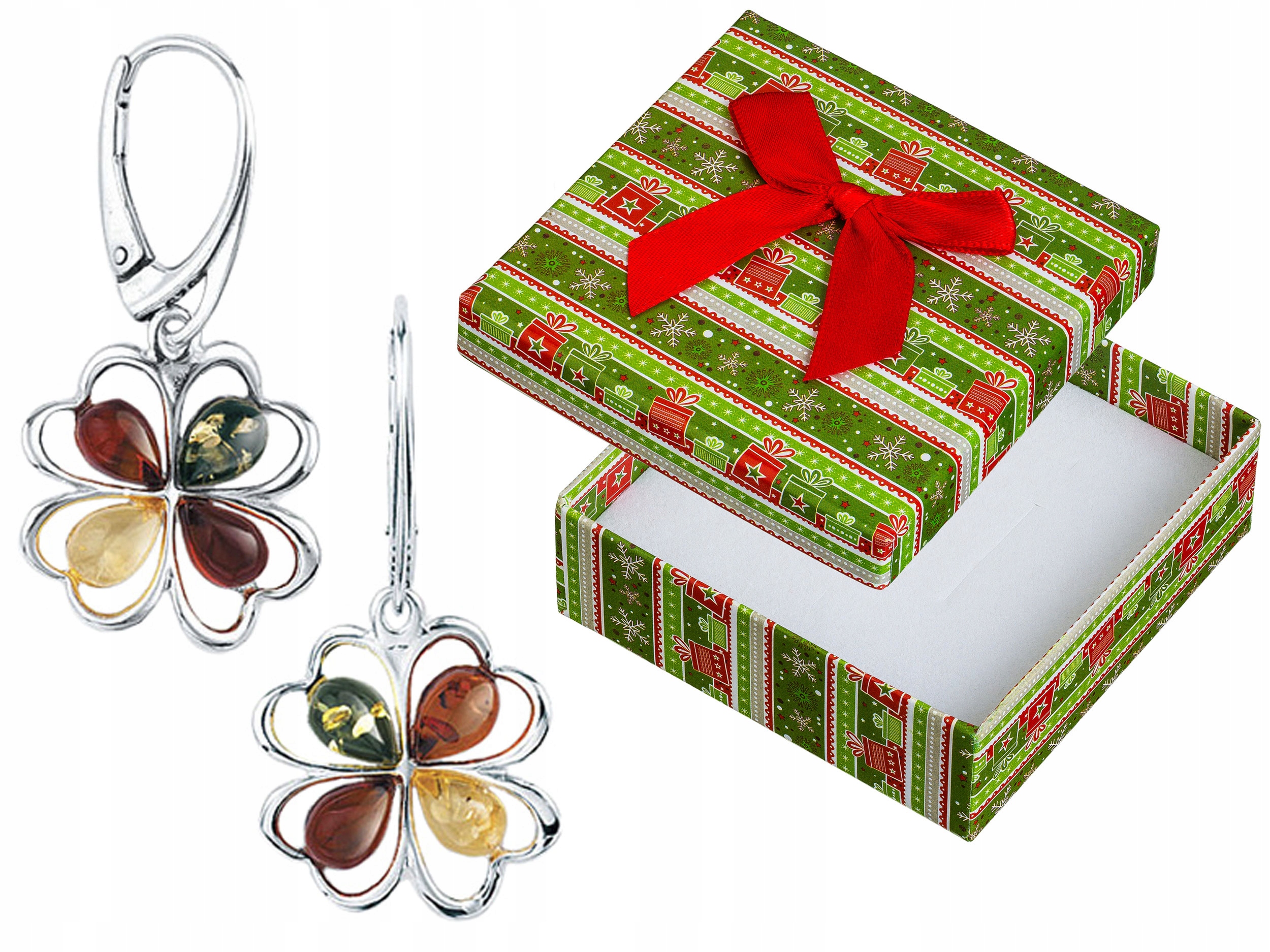 Stříbrné Náušnice Závěsné jetelky s jantarem Anglické zapínání Stříbro