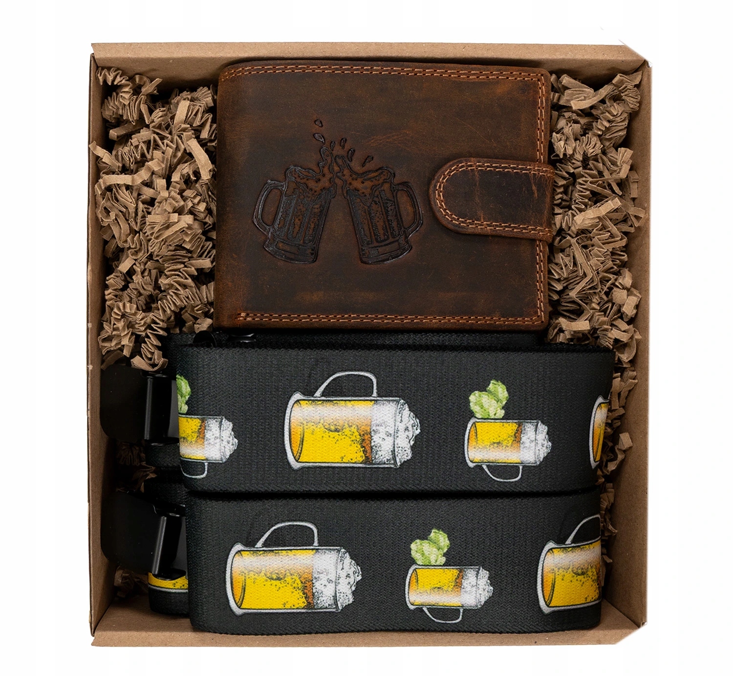Dárkový set pro muže Kožená peněženka s přezkou a kšandy Pivo