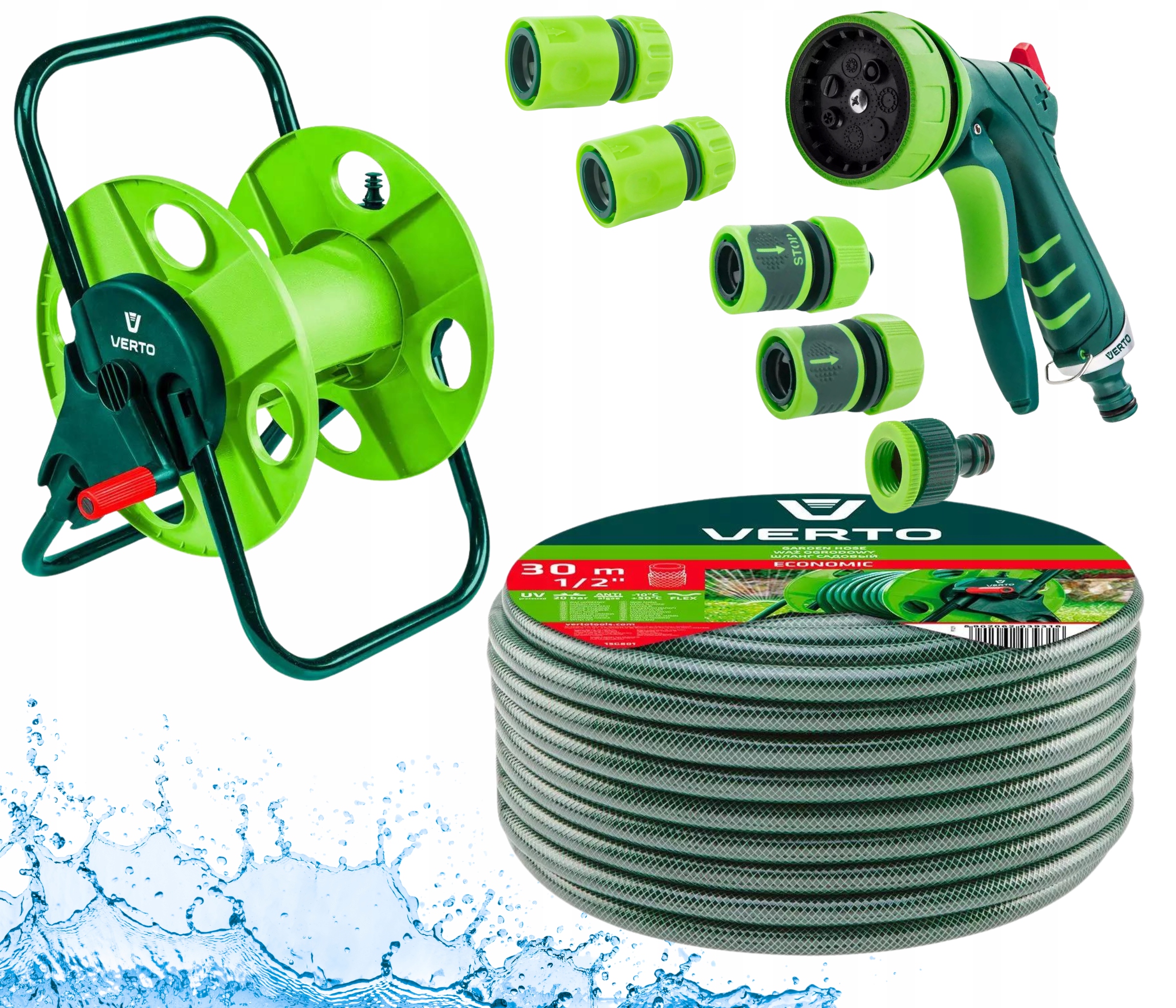 Verto Zestaw do Nawadniania Stojak Wąż Ogrodowy 30m 1/2" Zraszacz Złączki