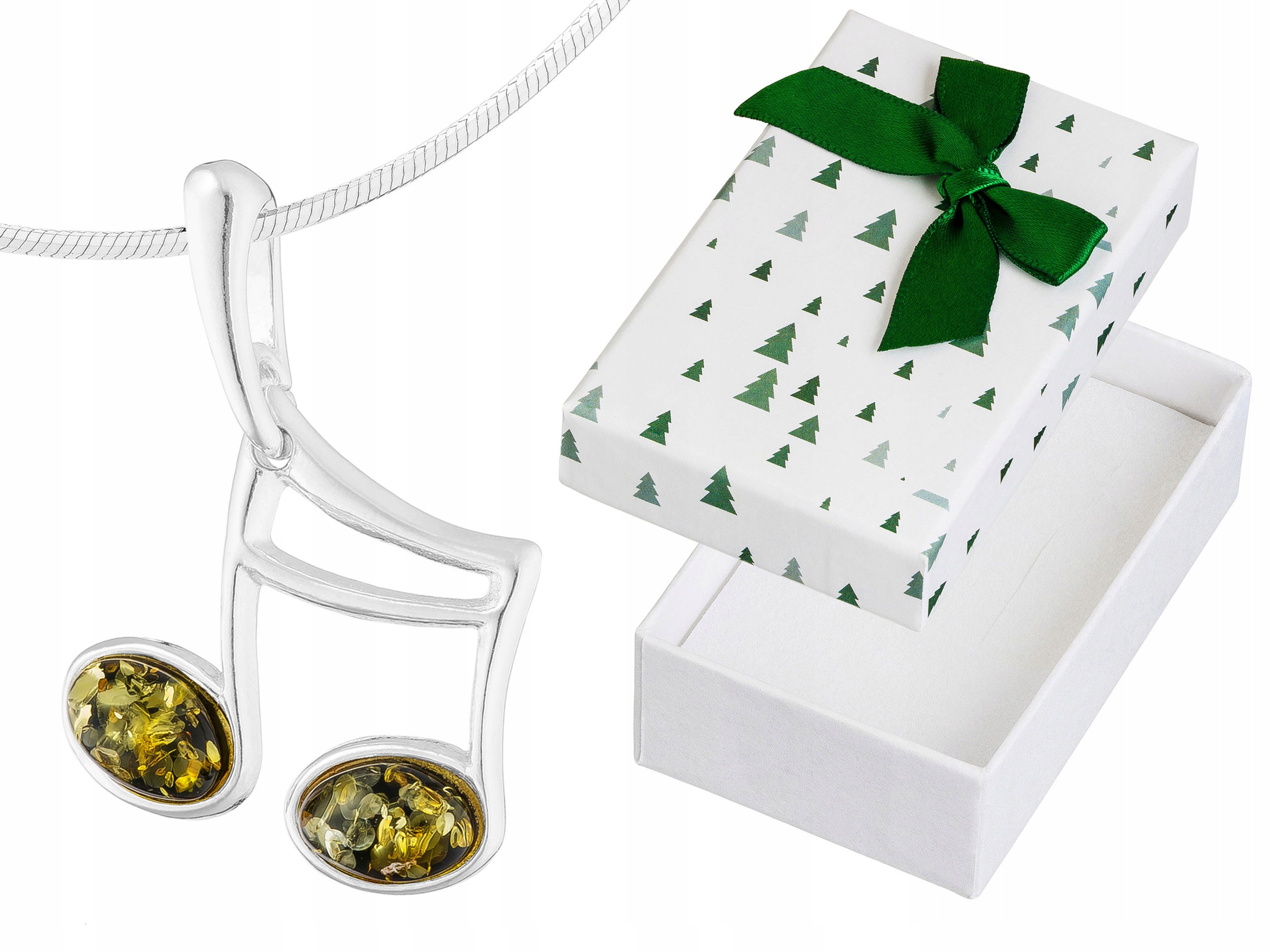 Dlouhý Stříbrný Náhrdelník Nota se Zeleným Jantarem Notička Šestnáctka 75 cm