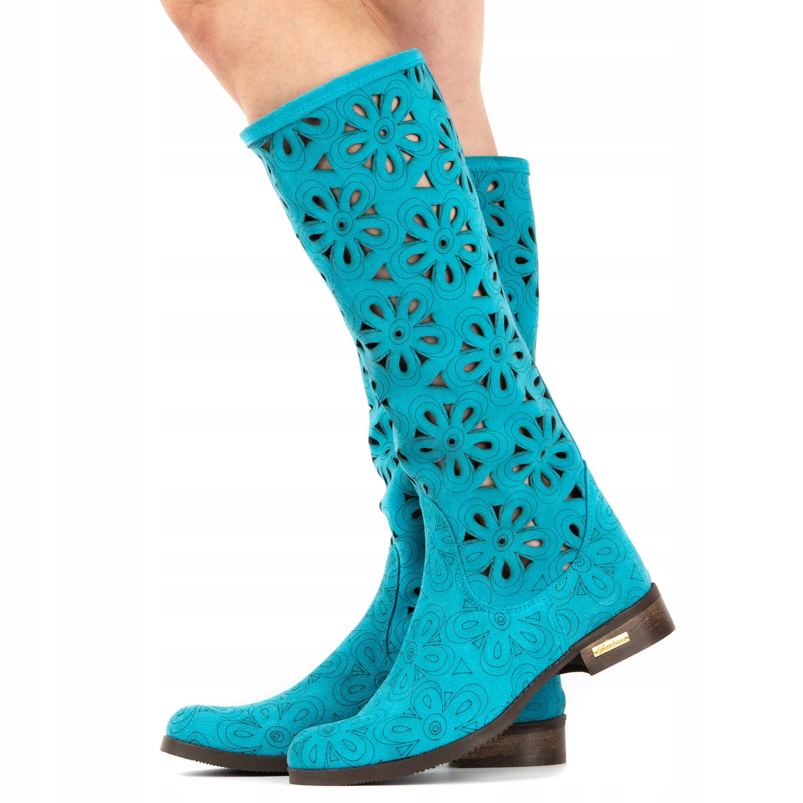 Dámské kožené semišové kozačky s prolamovaným vzorem, tyrkysový plochý podpatek, velikost 42