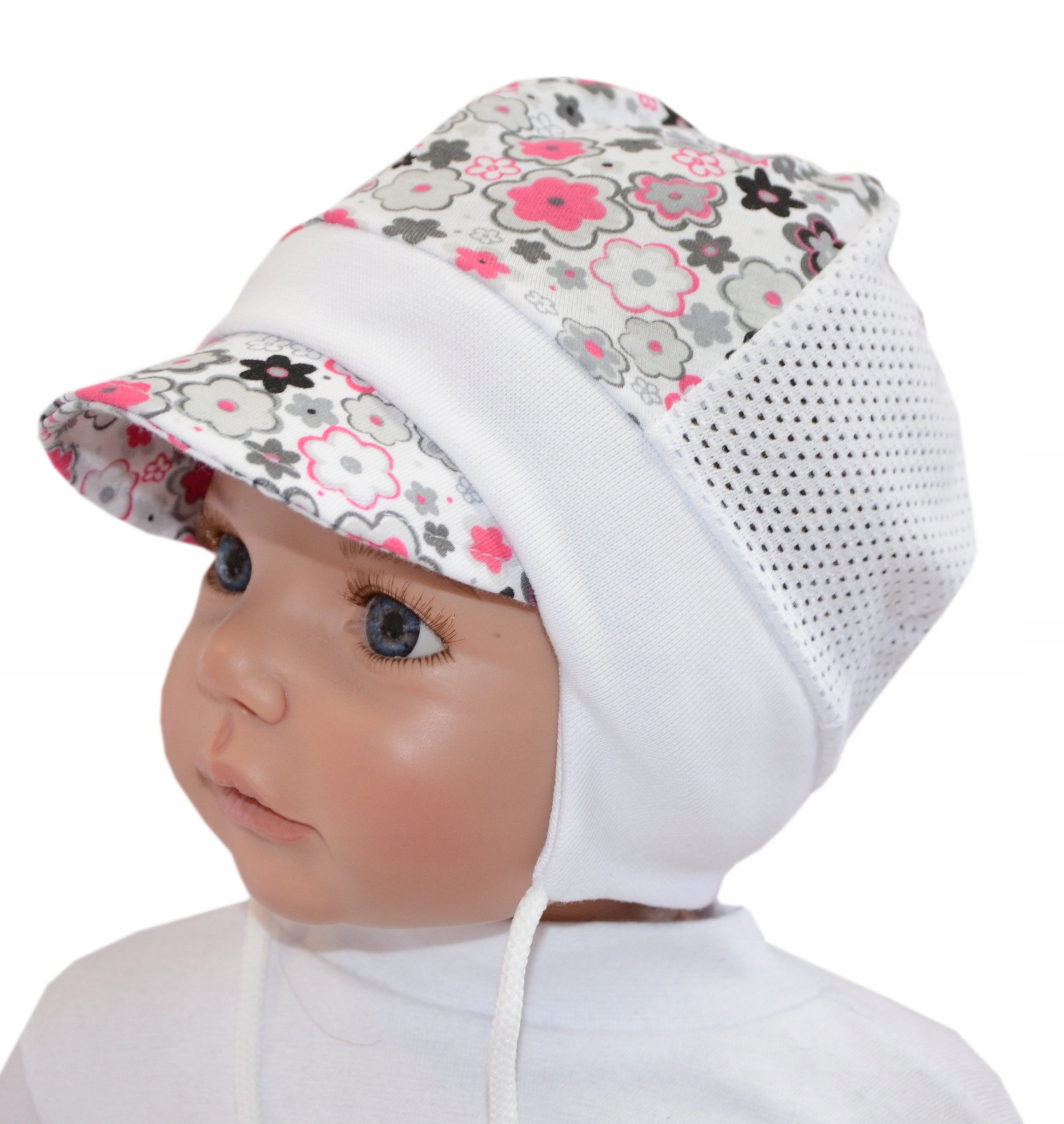 

ażurowa letnia czapka 36-41cm 0-3m kwiaty szare
