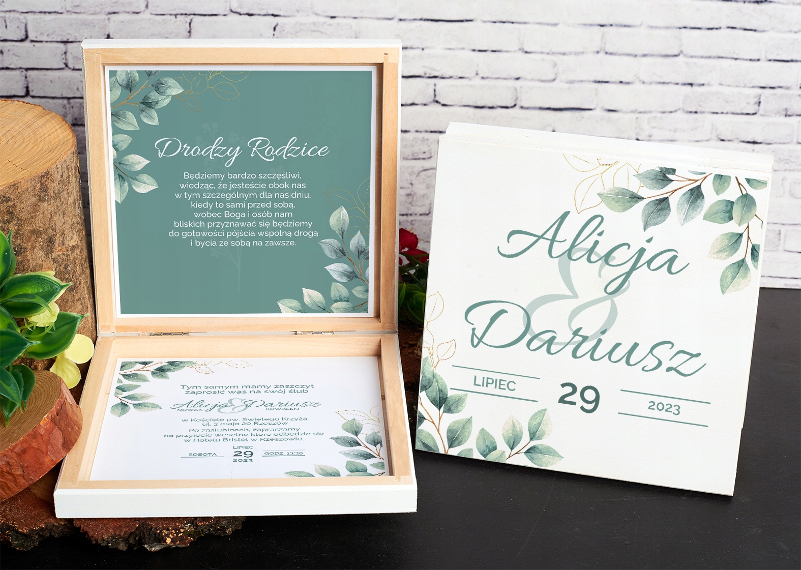 PUDEŁKO DREWNIANE ZAPROSZENIE PROŚBA DLA RODZICÓW ŚLUB WESELE ZIELONE Z2 Liczba sztuk 1 szt.
