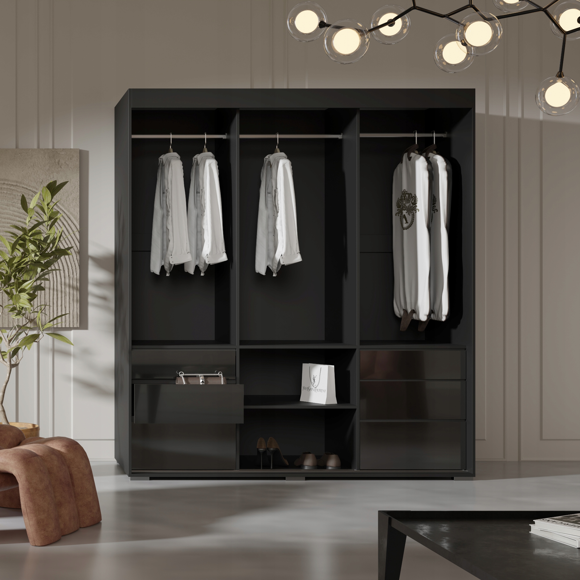 Szafa przesuwna z szufladami Torino 3D 180 Czarna (lacobel)