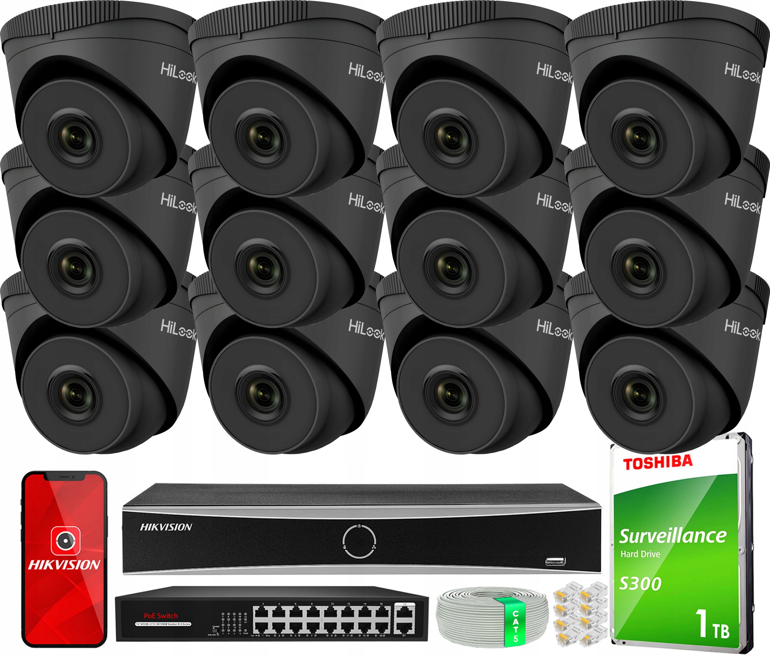 Sada pro monitorování Ip 12 kamer 5MPx Venkovní PoE HiLook od společnosti Hikvision