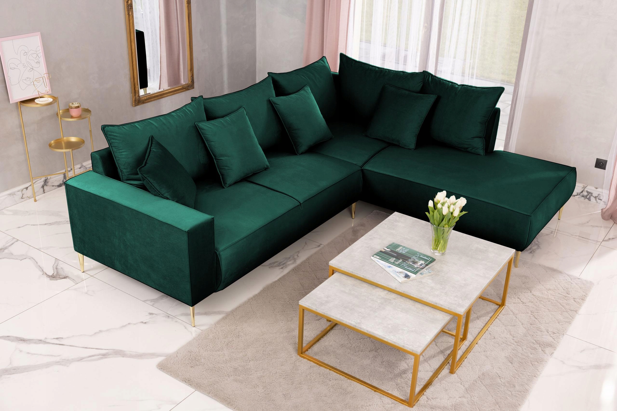 Rohová Sedací Souprava do obývacího pokoje Rohová Sedačka Zelená Velvet