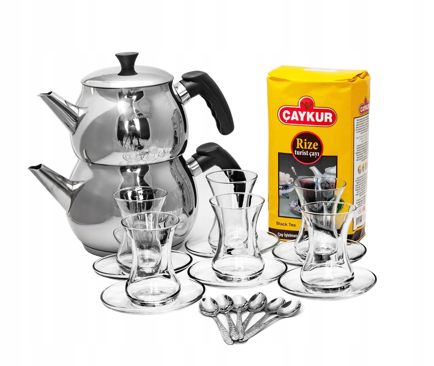 Levně Sada turecká konvice 1.4 l, kulaté podstavce, sklenice, čaj Rize