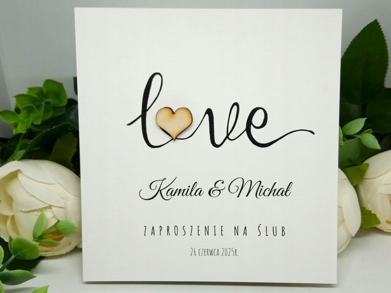 ZS15 *2 B Zaproszenie na ślub ślubne z drewnianym sercem + koperta Szerokość produktu 14.5 cm