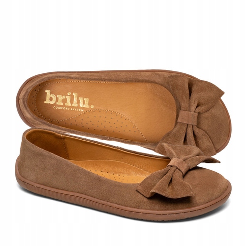 Brilu Polskie Damskie Skórzane Baleriny Barefoot Kokarda Amber Brązowe 41