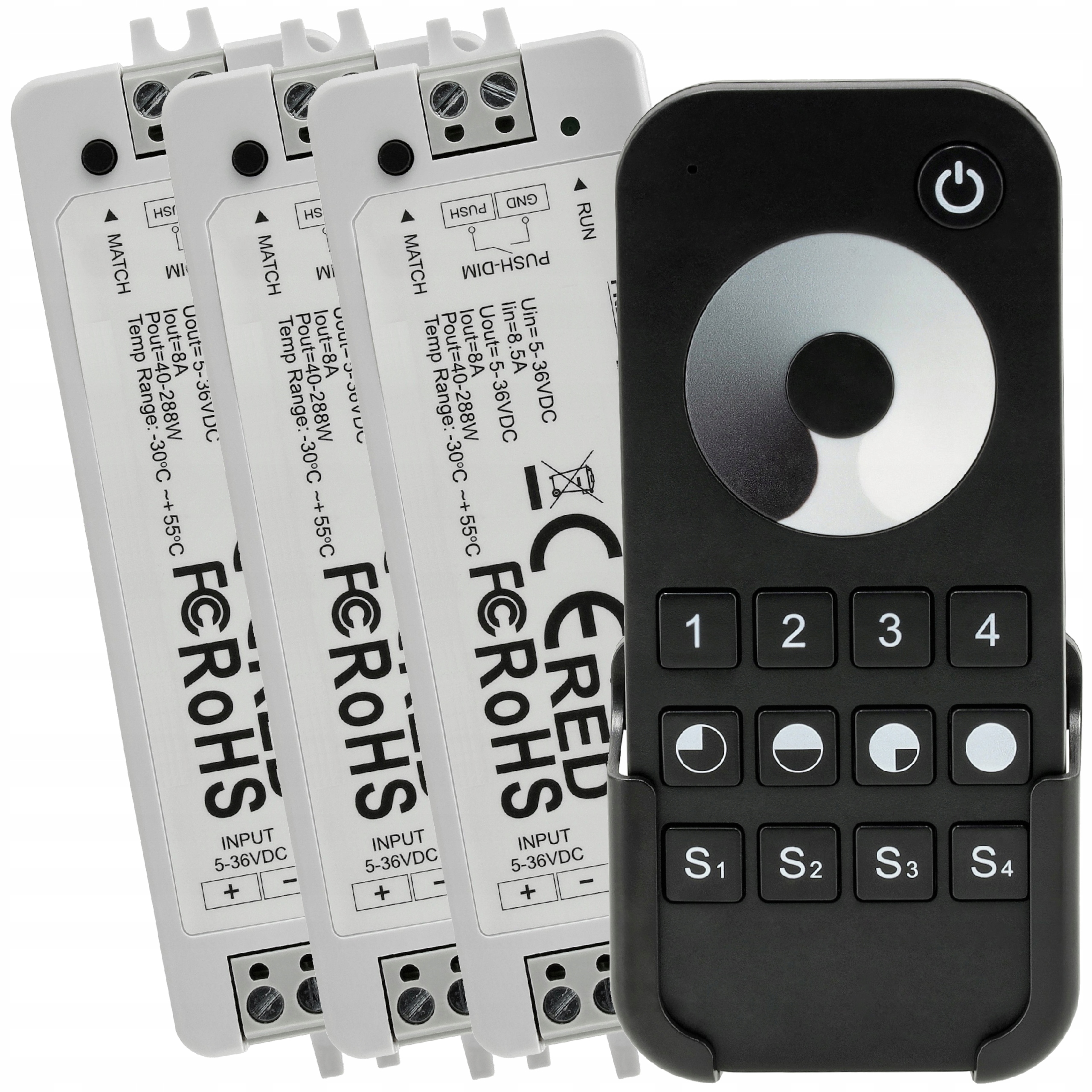 3x Led zónový regulátor Mono Stmívač Dálkový Ovladač 8A5–36V 40–288W Dotykový