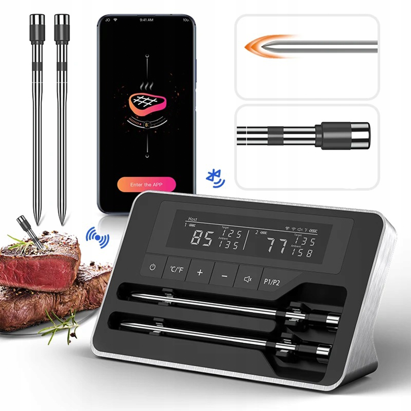 Bezdrôtový teplomer na mäso Bluetooth Smart 2x Sonda LCD Dosah 240 m