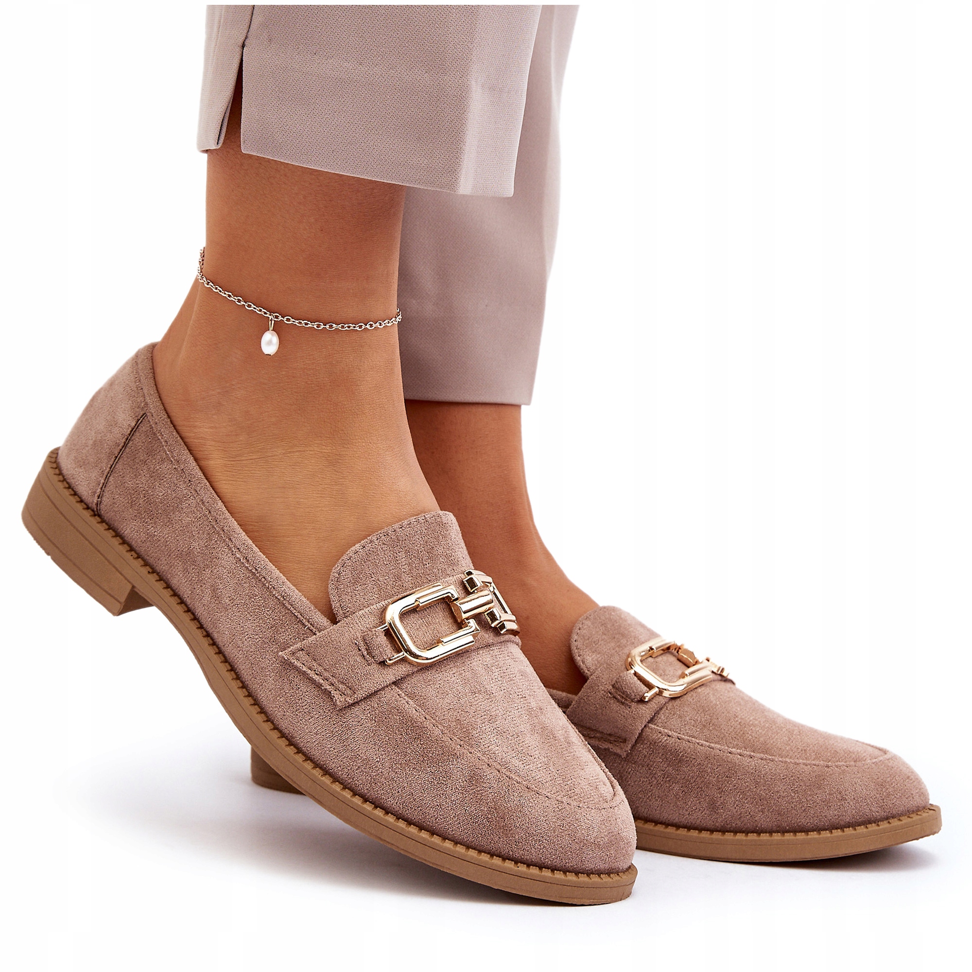 MOKASYNY DAMSKIE EKO ZAMSZOWE NA PŁASKIM OBCASIE Z OZDOBĄ CIEMNOBEŻOWE 39