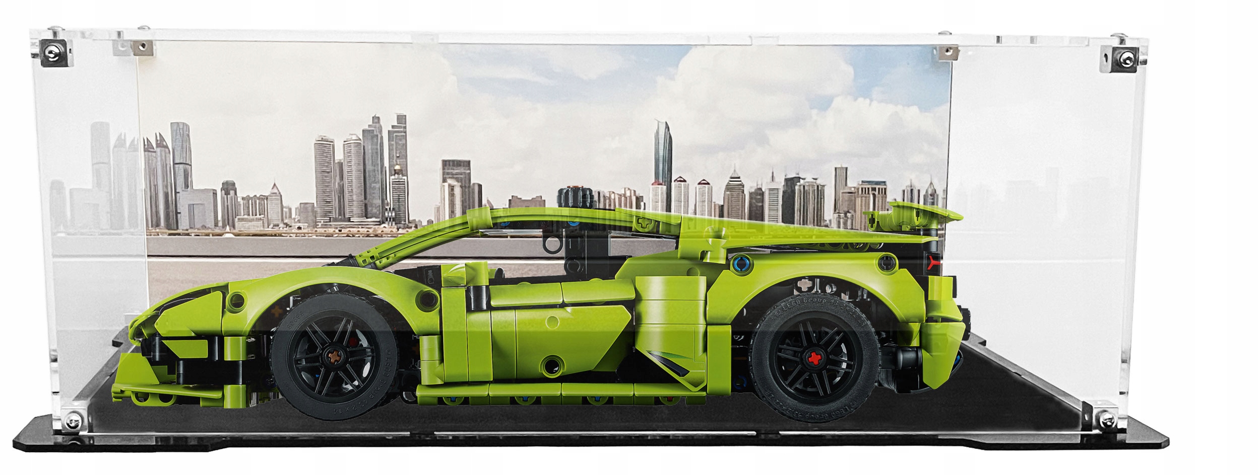 Vitrína s černou základnou a pozadím pro stavebnici Lego 42161 Lamborghini Huracán