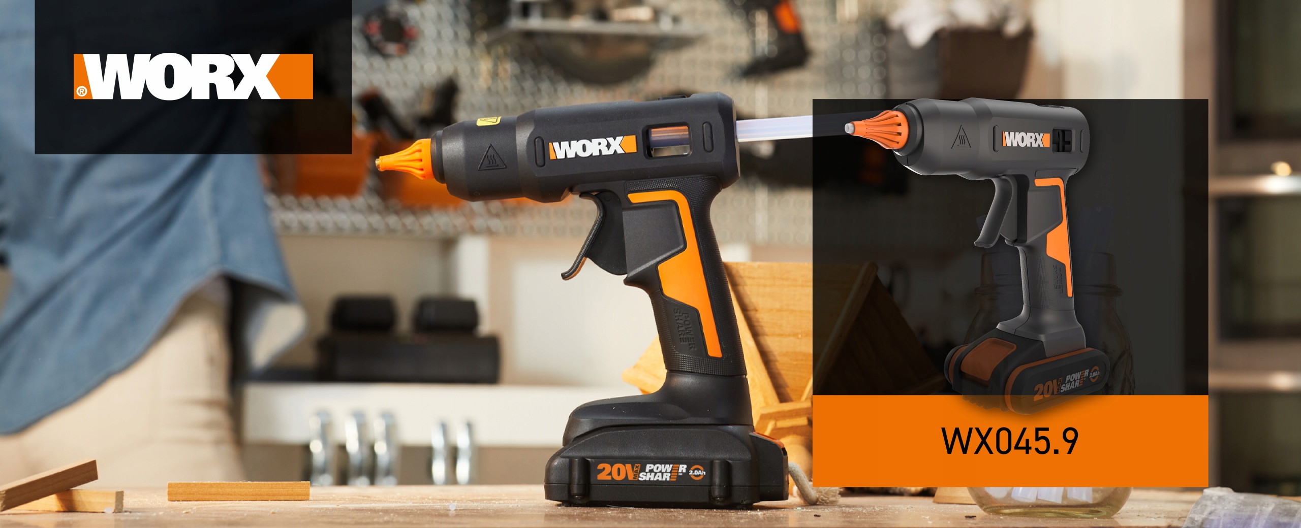 Pistolet do kleju akumulatorowy 20V WORX WX045.9 Moc 0 W