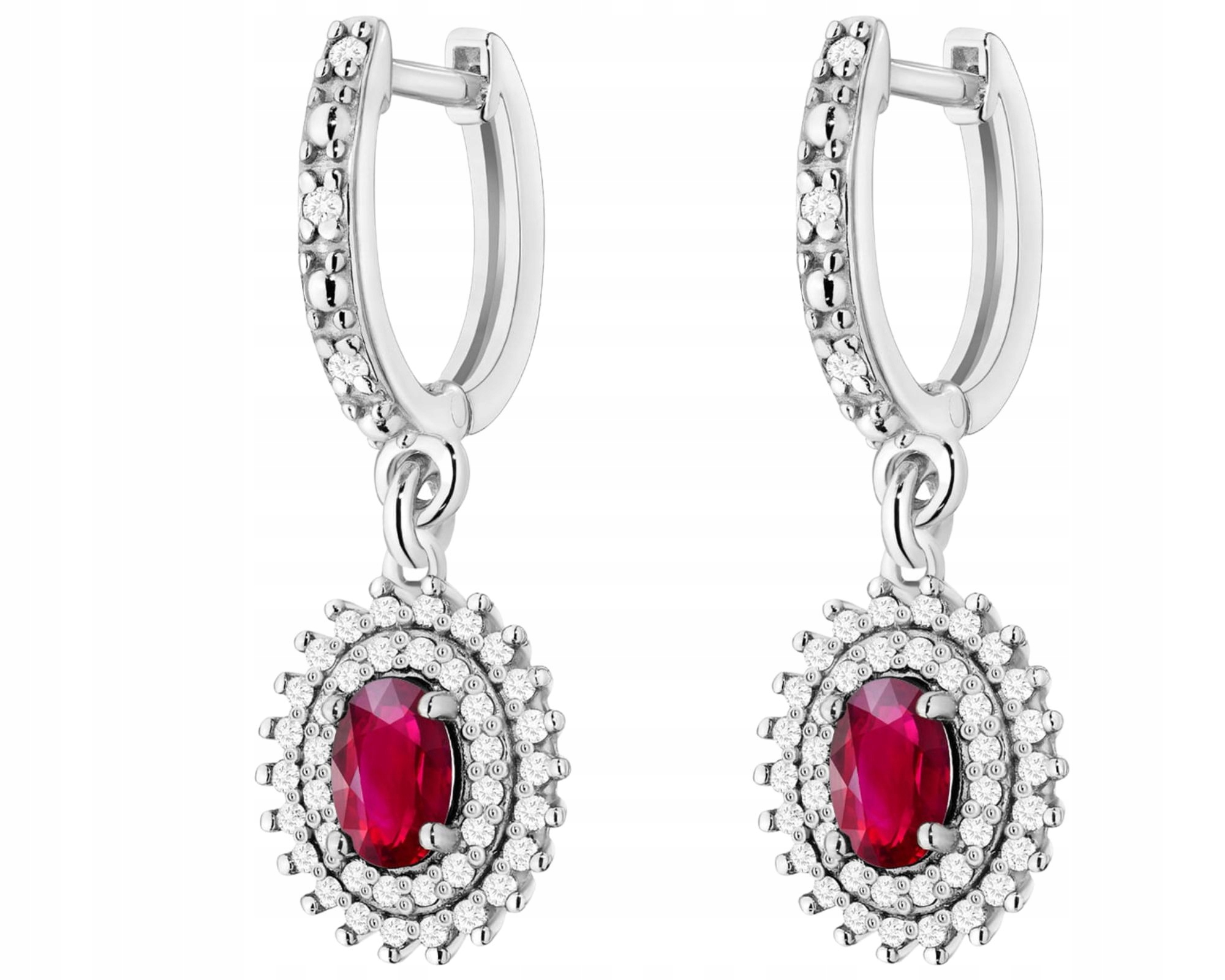 Bílé Zlato Náušnice Přírodní Kámen Rubín Diamanty Zlato 585 14K Dárek