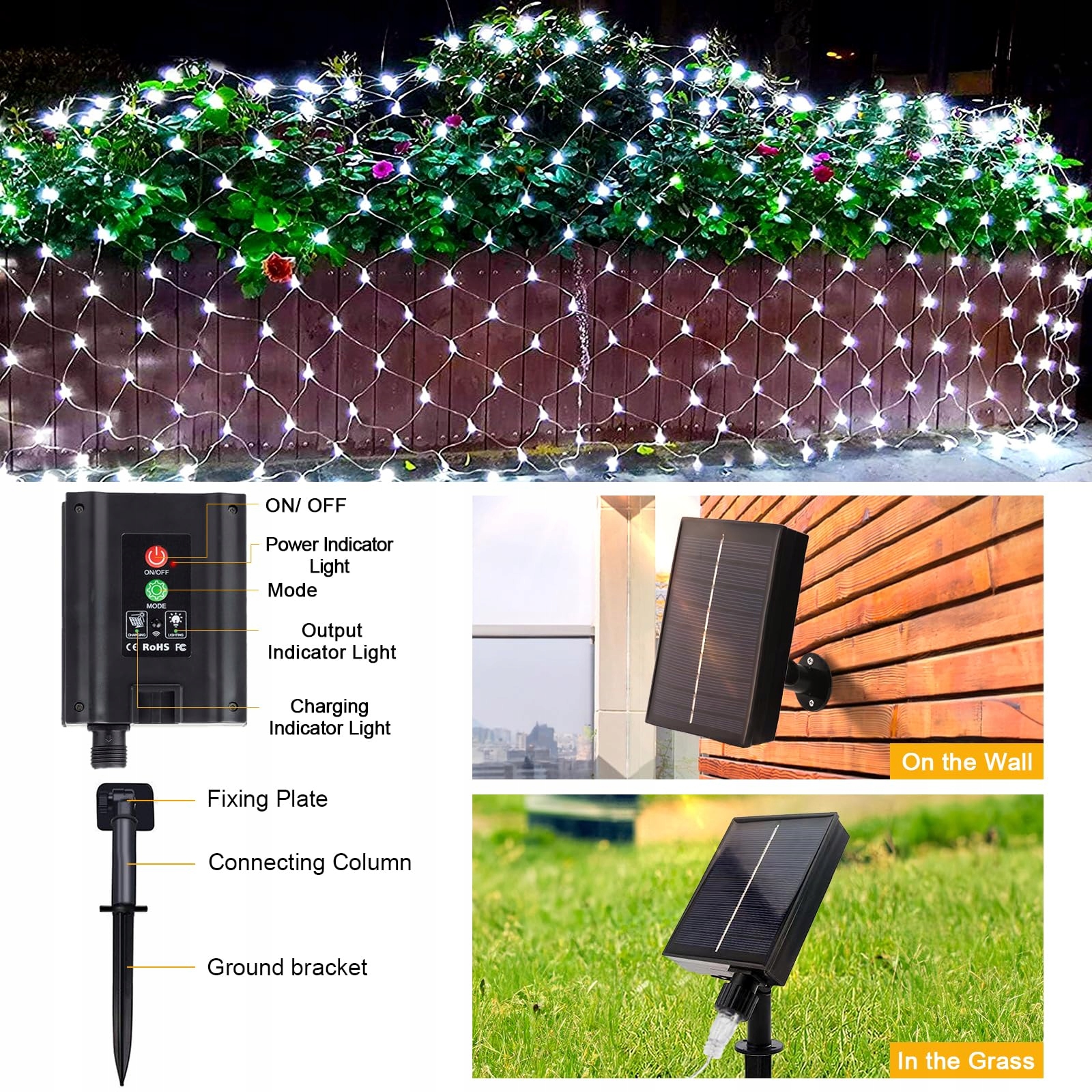 GHONLZIN SOLARNE LAMPKI SIATKA GIRLANDA ŚWIETLNA 1.5x1.5M 96 LED 8 TRYBÓW — miniatura 8