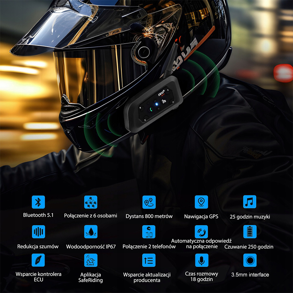 2x INTERKOM INTERCOM MOTOCYKLOWY EJEAS V6 PRO Bluetooth 5.1 NA KASK Model EJEAS V6 Pro