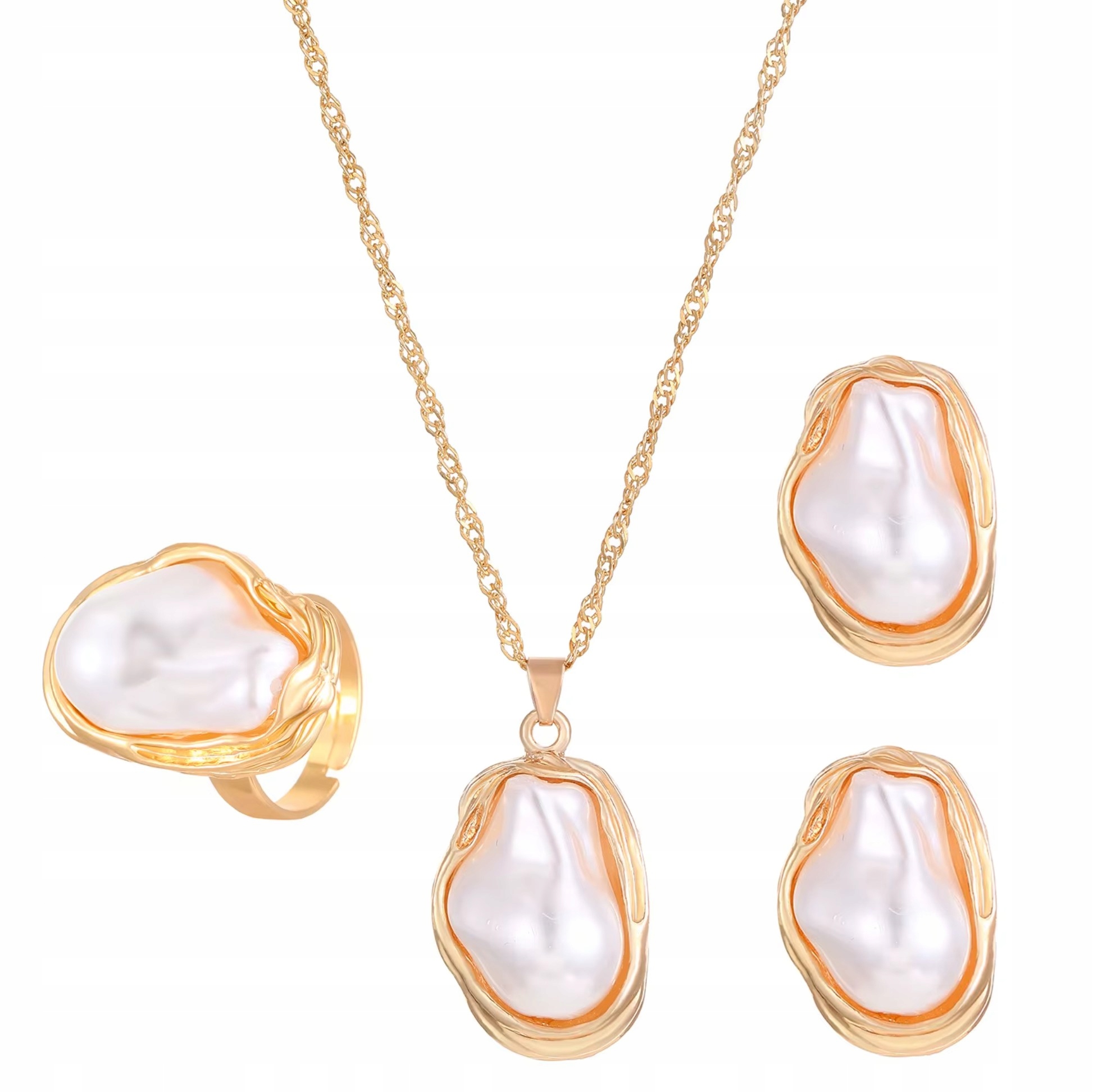 Komplet Zlatý náhrdelník Náušnice Prstýnek Perlová hmota Moderní design