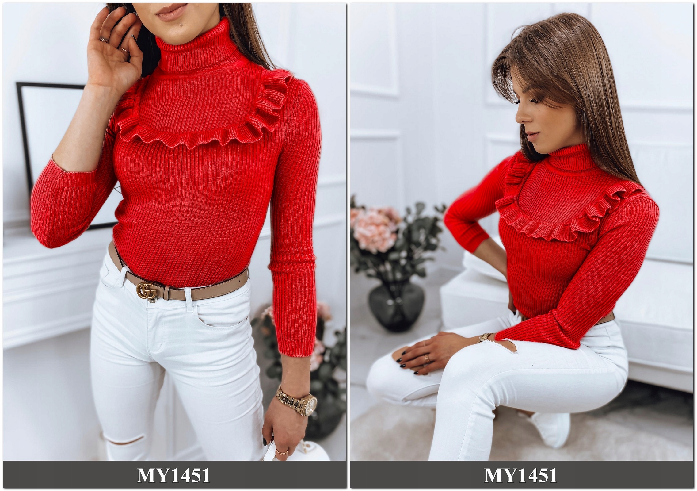 PRĄŻKOWANY SWETER DAMSKI GOLF KOLORY ox127 UNI Rozmiar uniwersalny