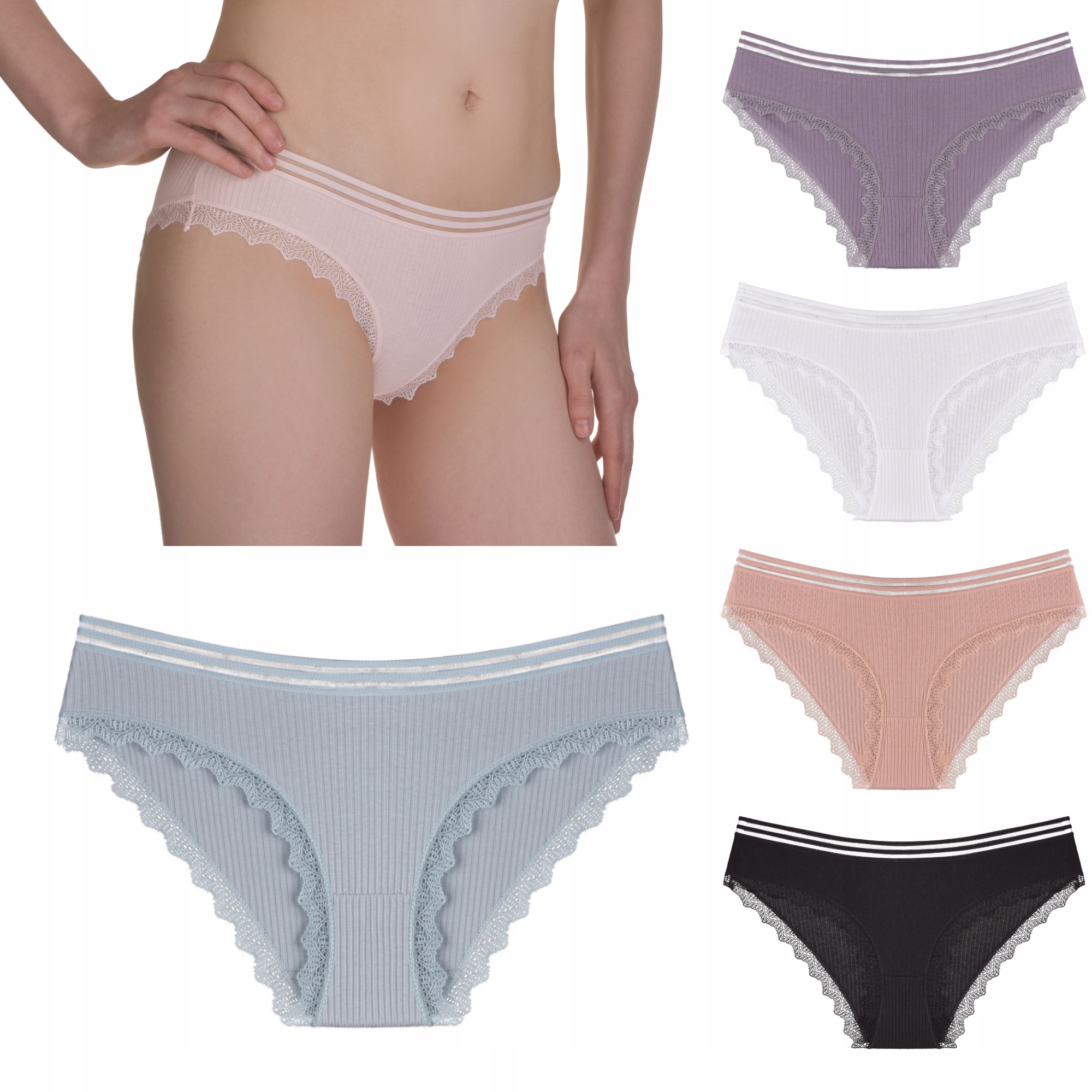 

6 pak figi majtki Mira bawełniane koronka prążek L