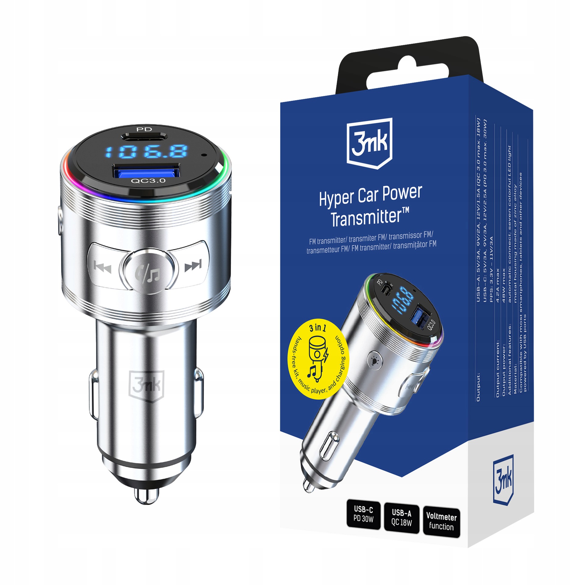 Příslušenství – 3mk Hyper Car Power Transmitter 48W Qc Pd Pps Usb 1C1A stříbrný