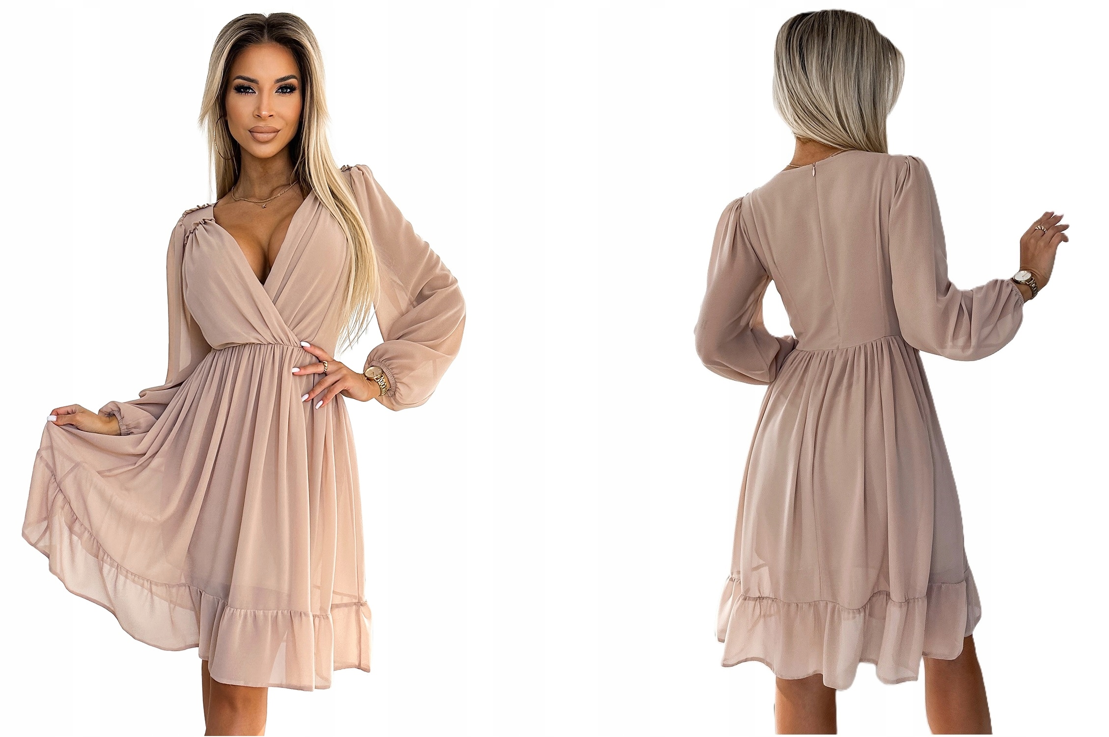 Jemná Šifonová Šaty S Podšívkou A Dlouhým Rukávem, Béžová, Velikost M