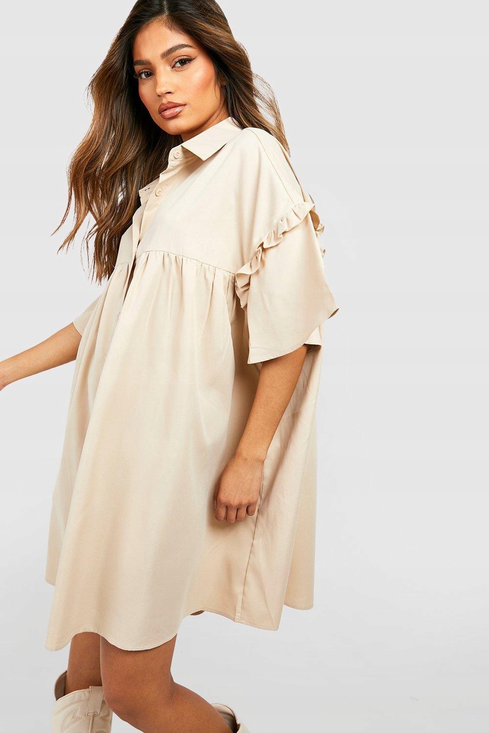 BOOHOO BEŻOWA KOSZULOWA SUKIENKA FALBANA IGI NG2__XL Dekolt kołnierzyk