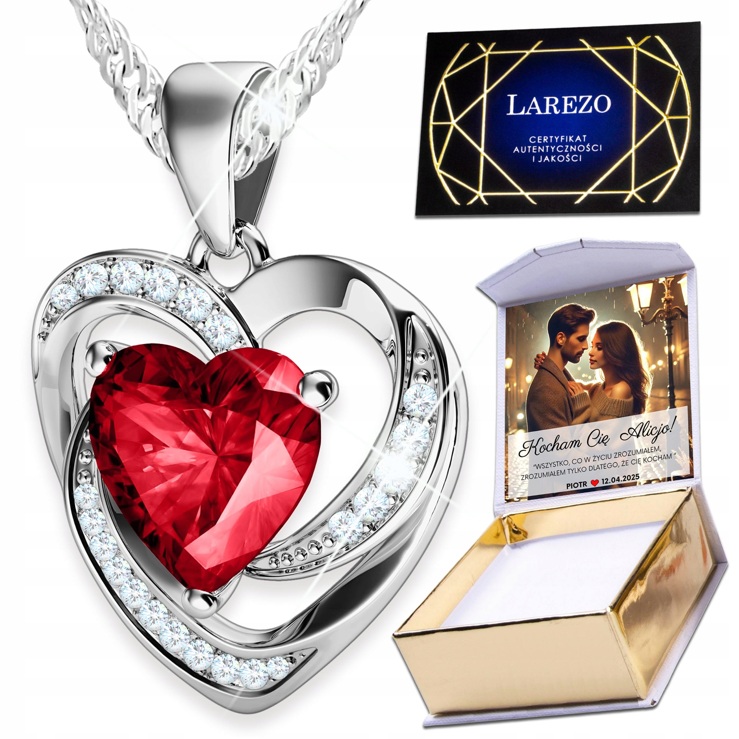 Stříbrný náhrdelník 925 Dvojité srdíčko Červené Zirkony Srdce Potisk