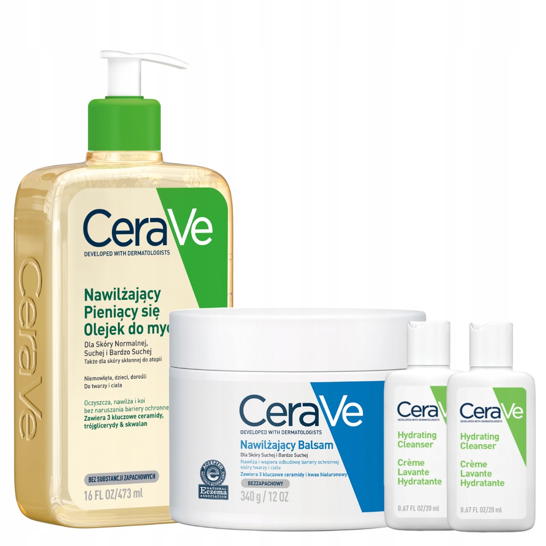 Zestaw CeraVe Nawilżający Balsam 340g, Pieniący Się Olejek Do Mycia 473ml