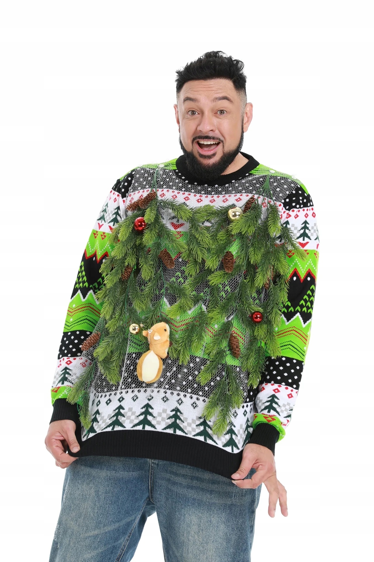 Vánoční pánský svetr s vtipným motivem stromeček, ozdoby, velikost L
