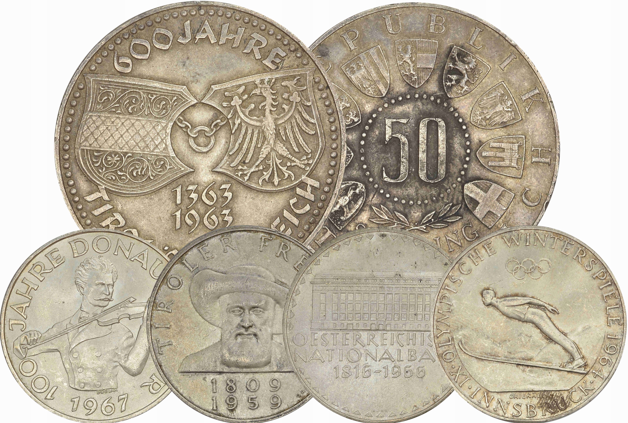 2.gy.ZEST., AUSTRIA, 50 SZYLINGÓW 1959-68 SZT.6 Ag