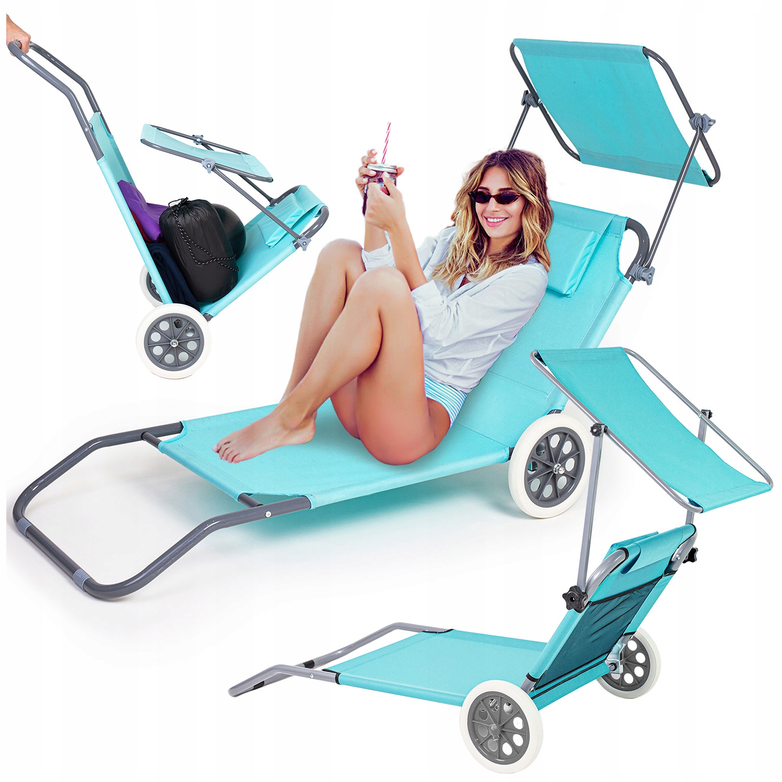 Leżak Składany Ogrodowy Plażowy Krzesło Wózek Na Kółkach Leżanka Z Daszkiem