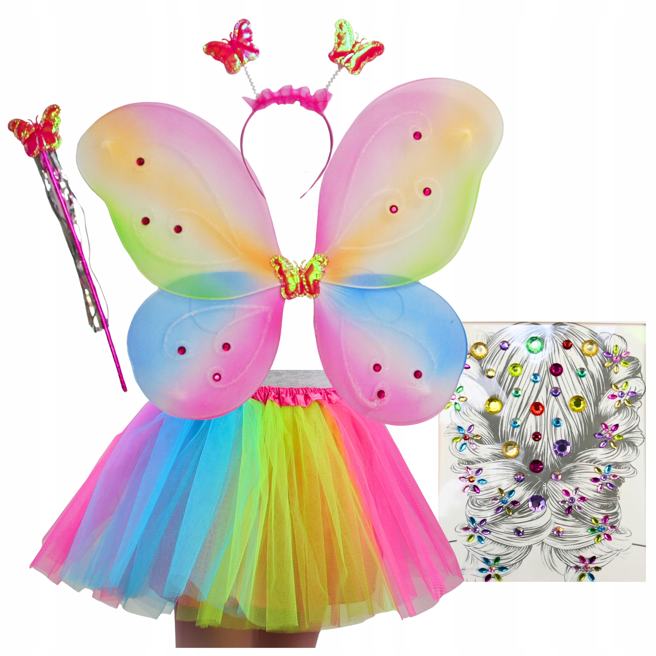 * STRÓJ MOTYLKA MOTYL WRÓŻKA MOTYLEK TĘCZOWY skrzydełka 3-9lat WIOSNA