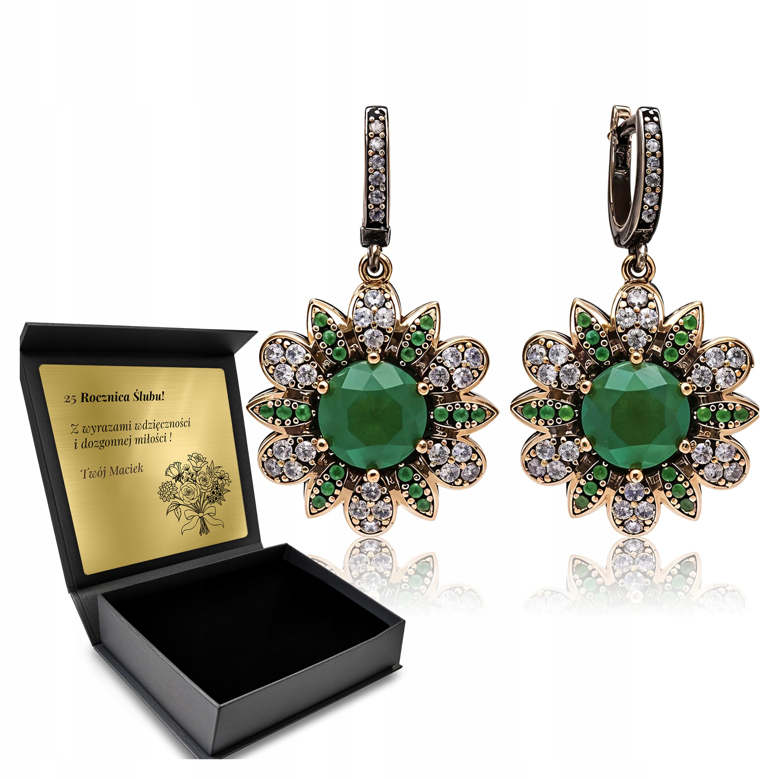 Stříbrné Náušnice 925 Zirkony Smaragd Dárek pro ženu Gravírování
