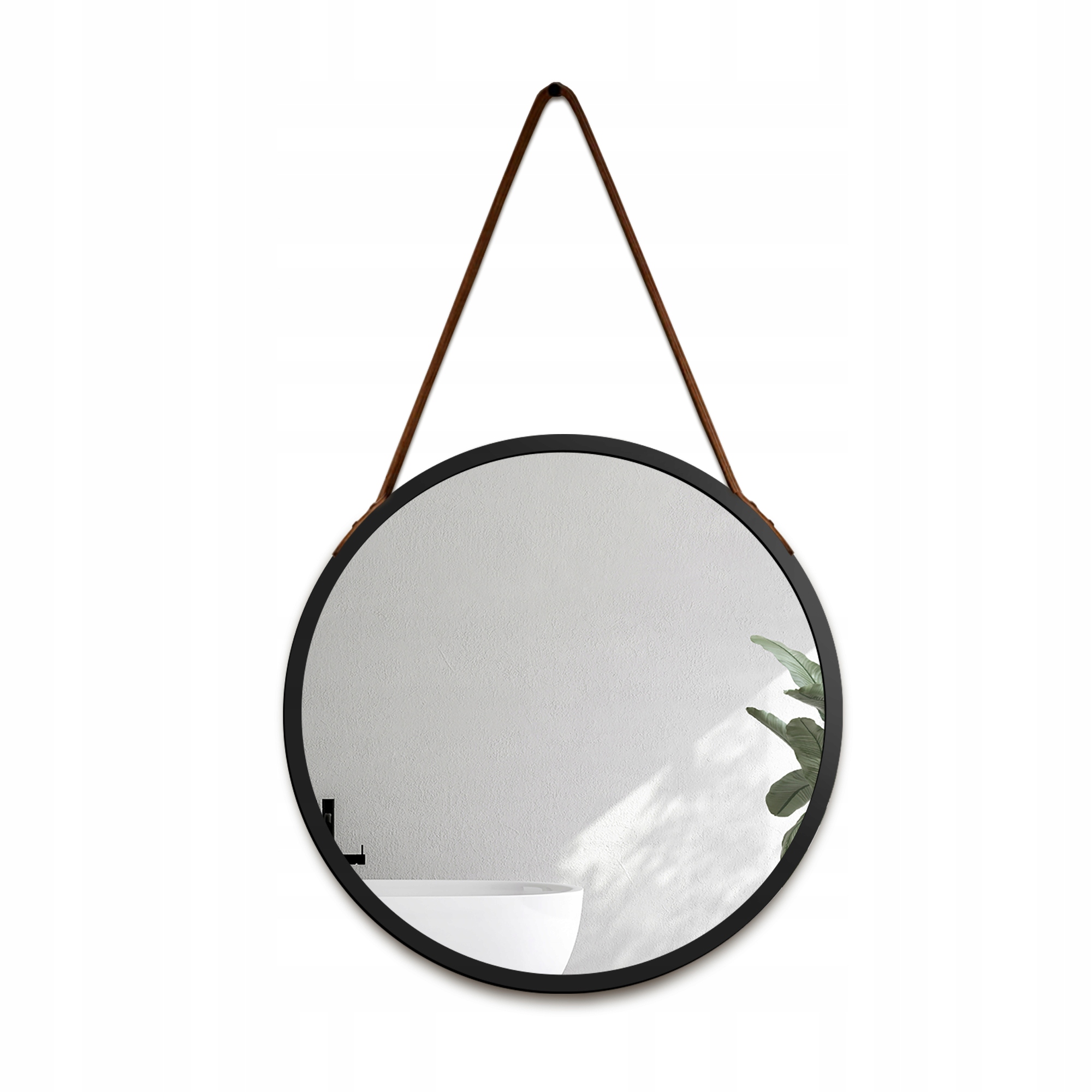 Zrcadlo kulaté Otto v černém Mdf rámu na koženém hnědém pásku Fi 100