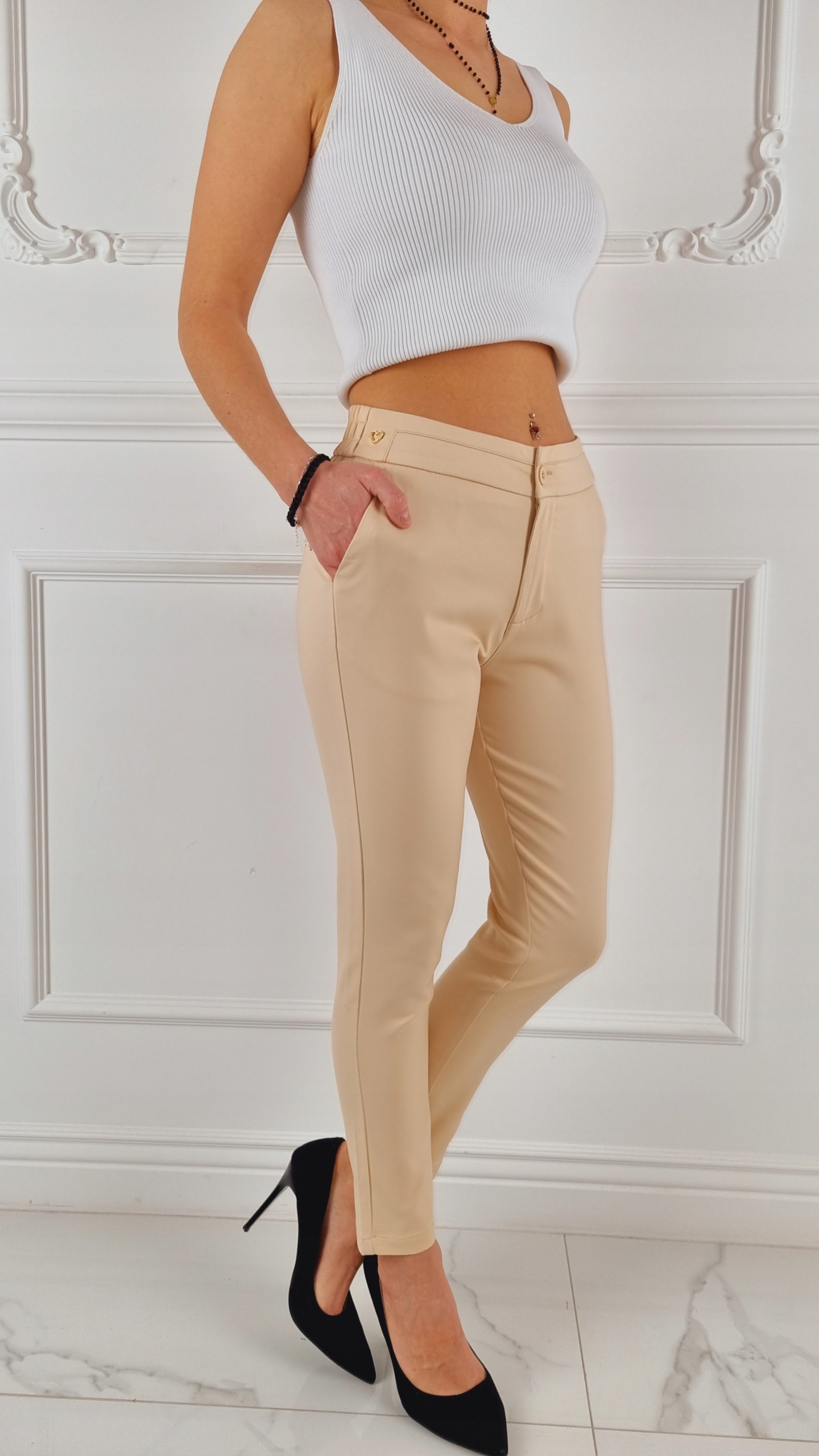 #ELEGANCKIE DAMSKIE SPODNIE - GUMKA 7/8 - FREESIA# Wzór dominujący bez wzoru