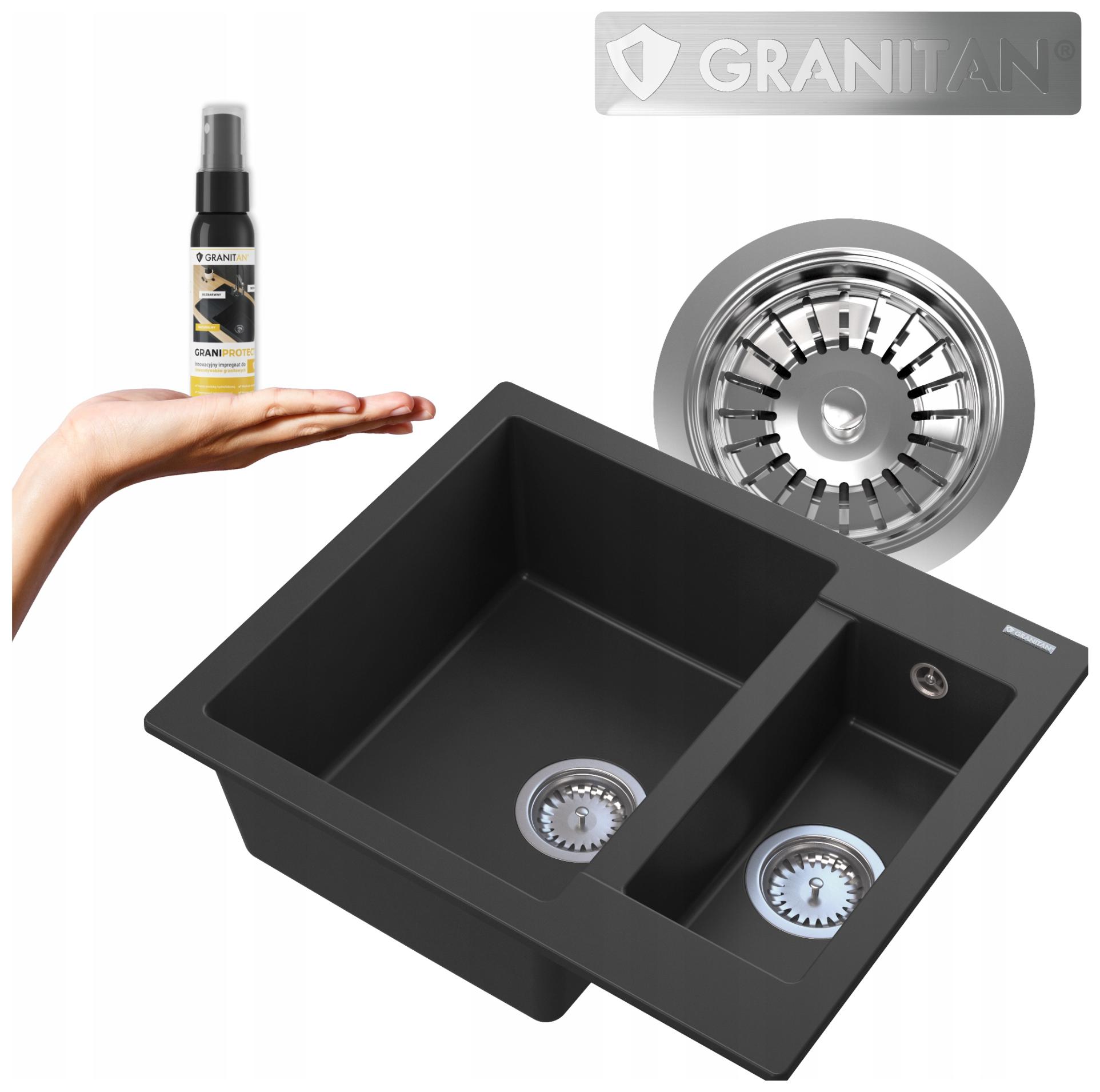 dřez granitový Kos 1,5-komorový Sada 3v1 Syfon Impregnat