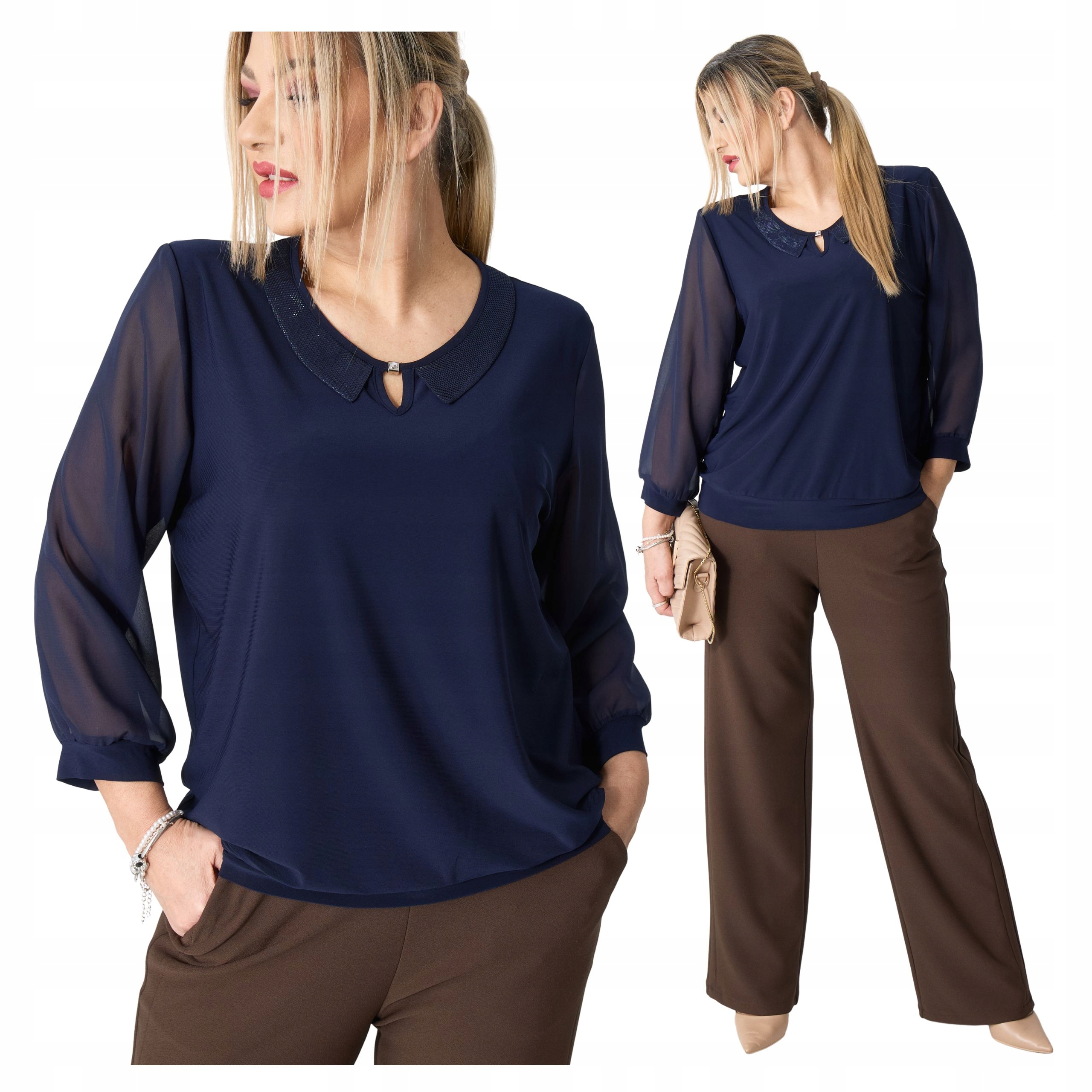 Wizytowa Bluzka Damska Z Kołnierzykiem Polski Producent Duże Rozmiary