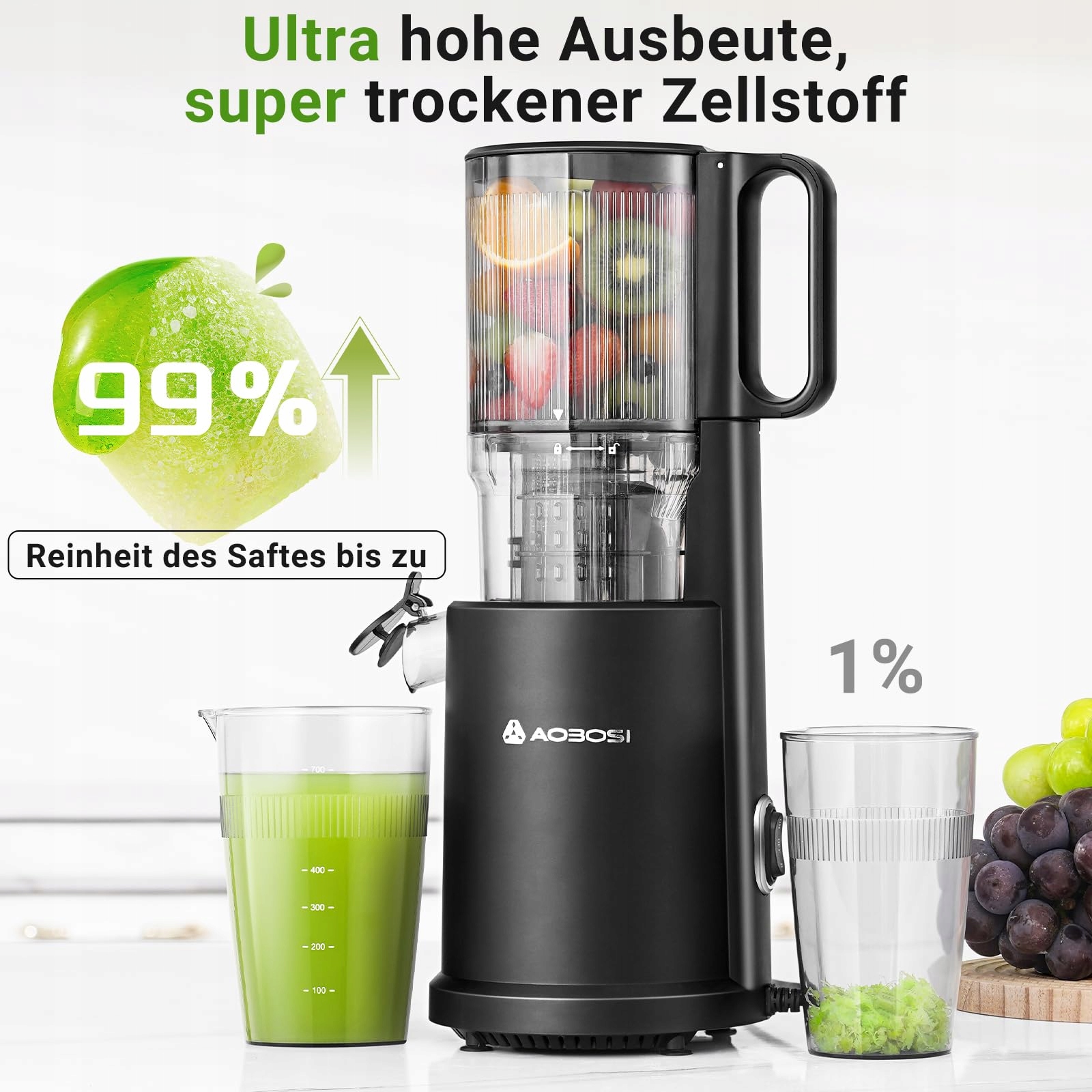 AOBOSI Wolnoobrotowa Wyciskarka Duży Otwór Na Całe Owoce Warzywa — miniatura 5